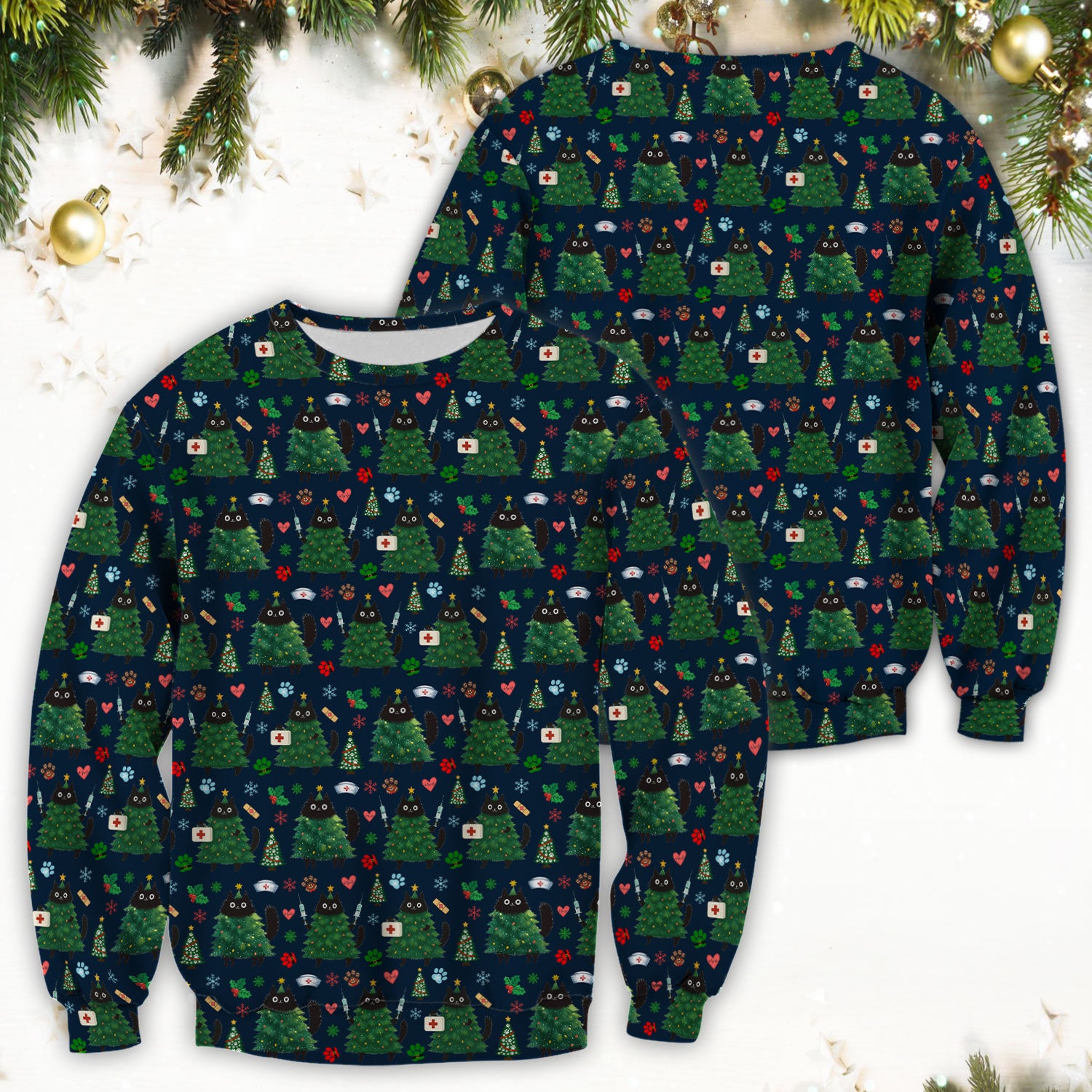 Christmas Nurse Scrub Top, Xmas Black Cat Pattern Nurse Shirt,  Breathable Fabrics Nursing Uniform