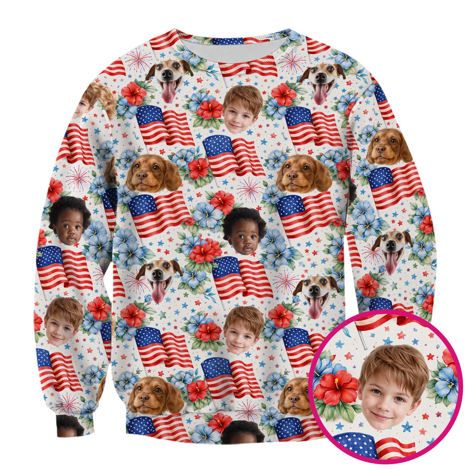 Custom Photo Patriotic Kids & Pet Faces Flag Nurse Scrub Top, Breathable Fabrics Nursing Uniform