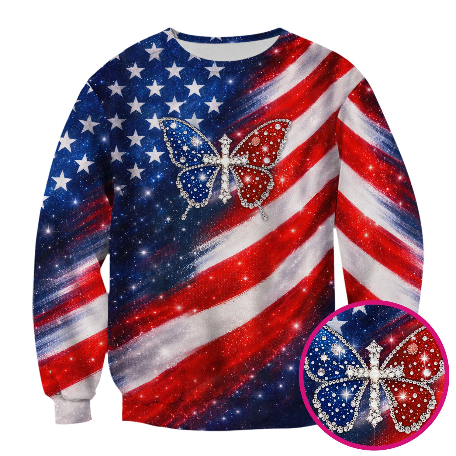 USA Flag Glitter Butterfly Rhinestone Pattern Scrubs Top, Breathable Fabrics Nursing Uniform