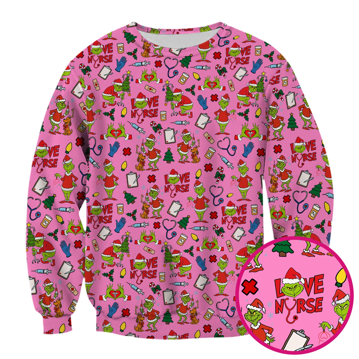 Funny Grinch Love Nurse Scrub Top - Multi Color Christmas Scrub Shirt - Cute Holiday Nursing Workwear with Pockets for Women