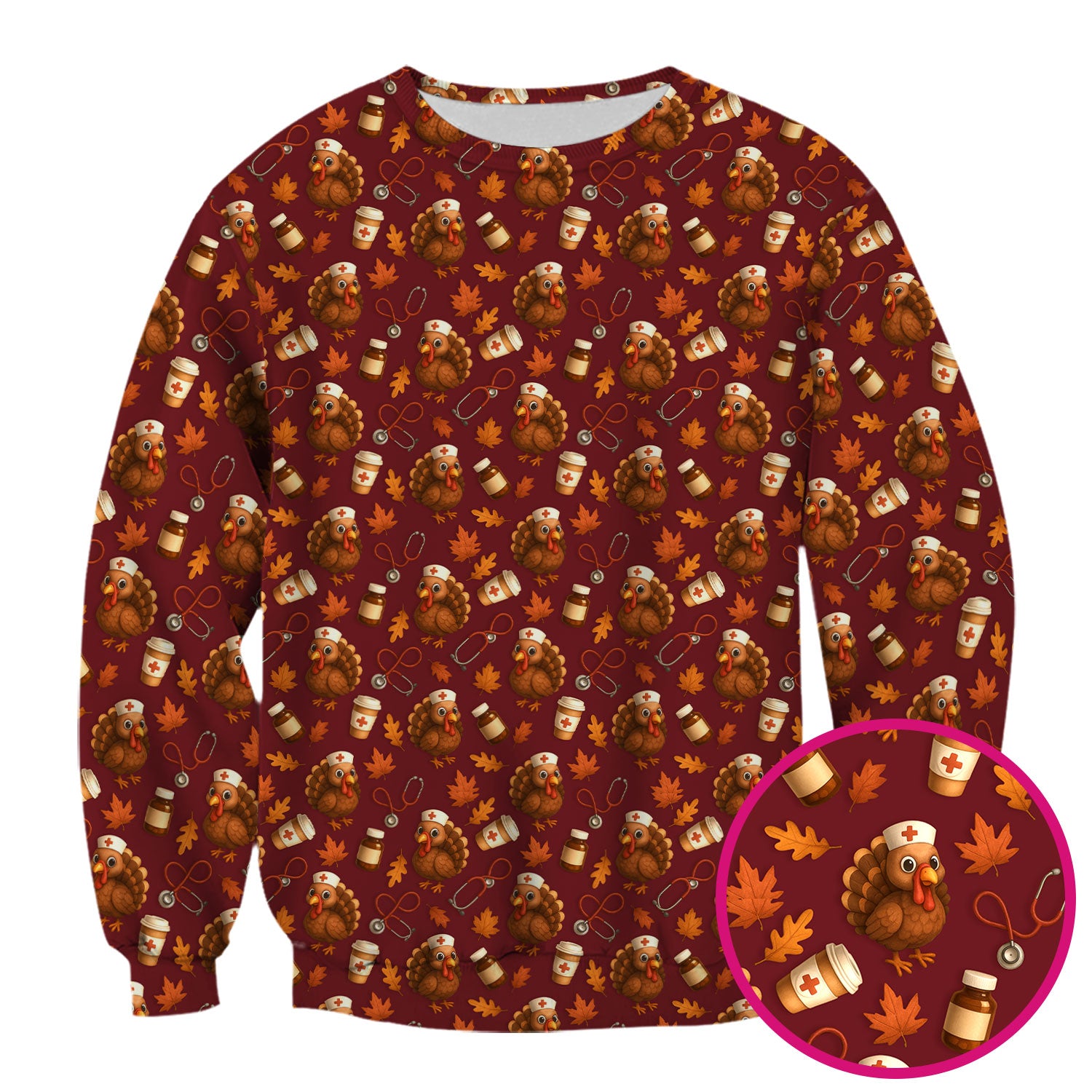 Thanksgiving Scrub Top for Nurses - Cute Turkey Pattern with Fall Leaves and Medical Tools - Funny Autumn Nurse Scrubs Gift for Women RN CNA LPN