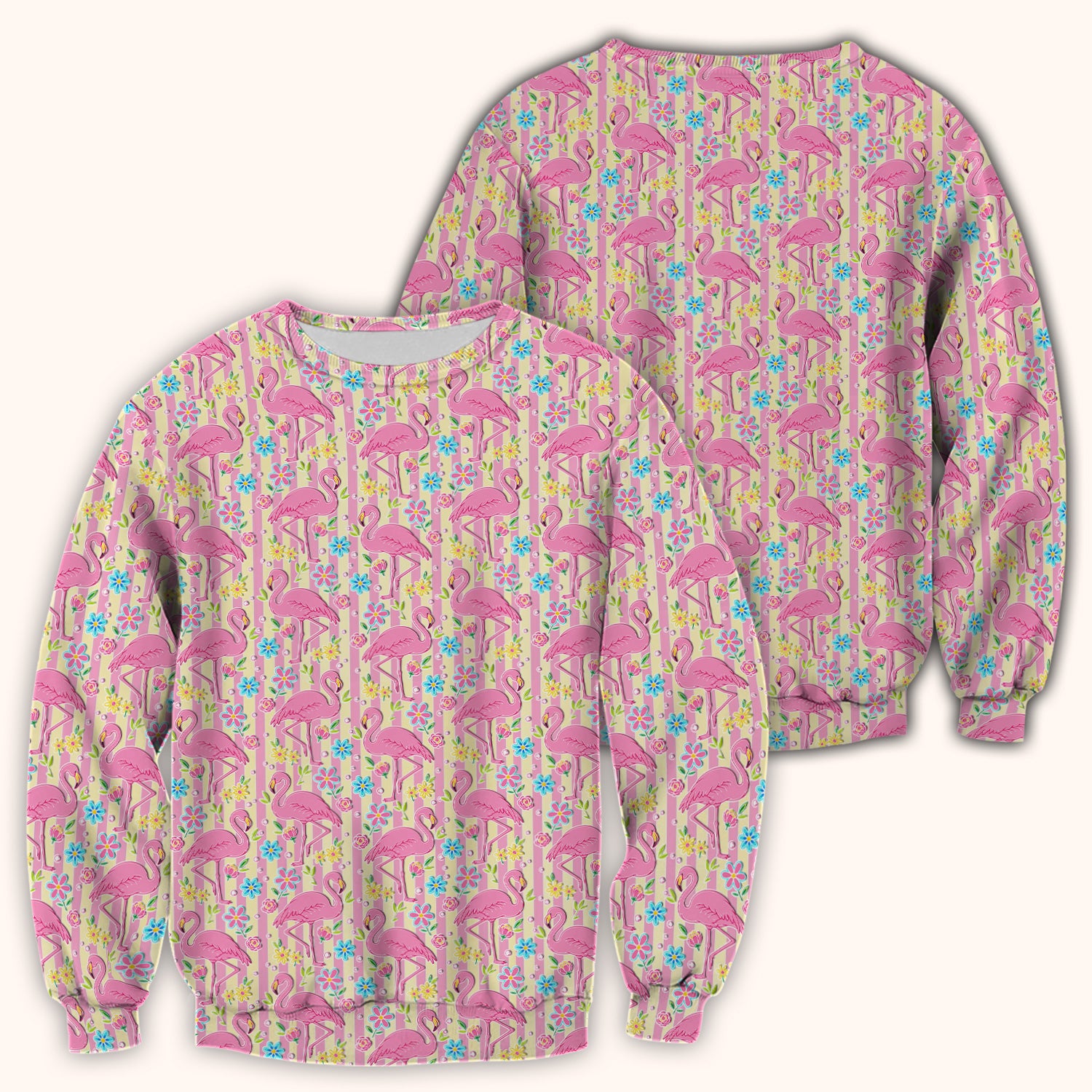 Pink Flamingo Flower Stripe Pattern Scrub Top, Comfortable Scrubs for Nurses