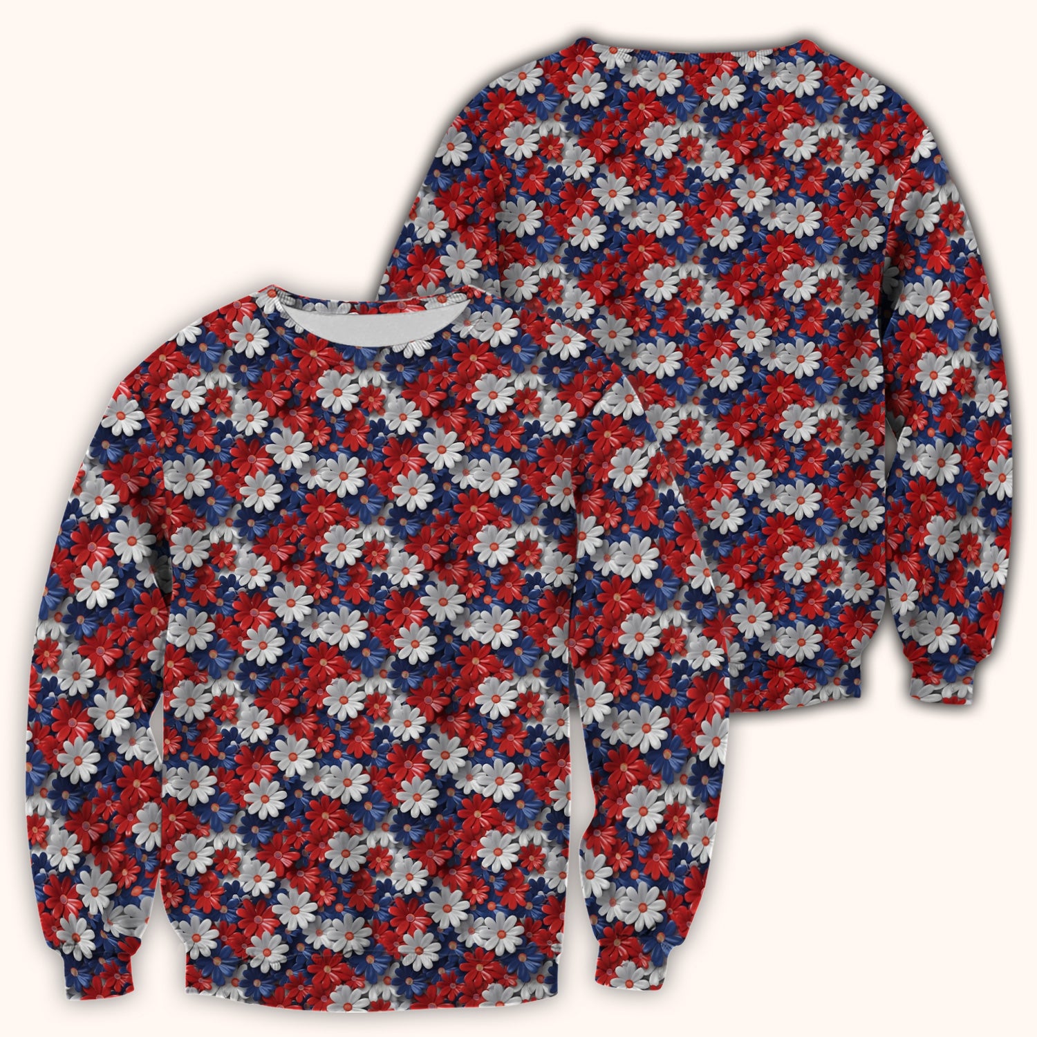 Festive Patriotic Daisy Bloom Pattern Scrub Top, Comfortable Scrubs for Nurses