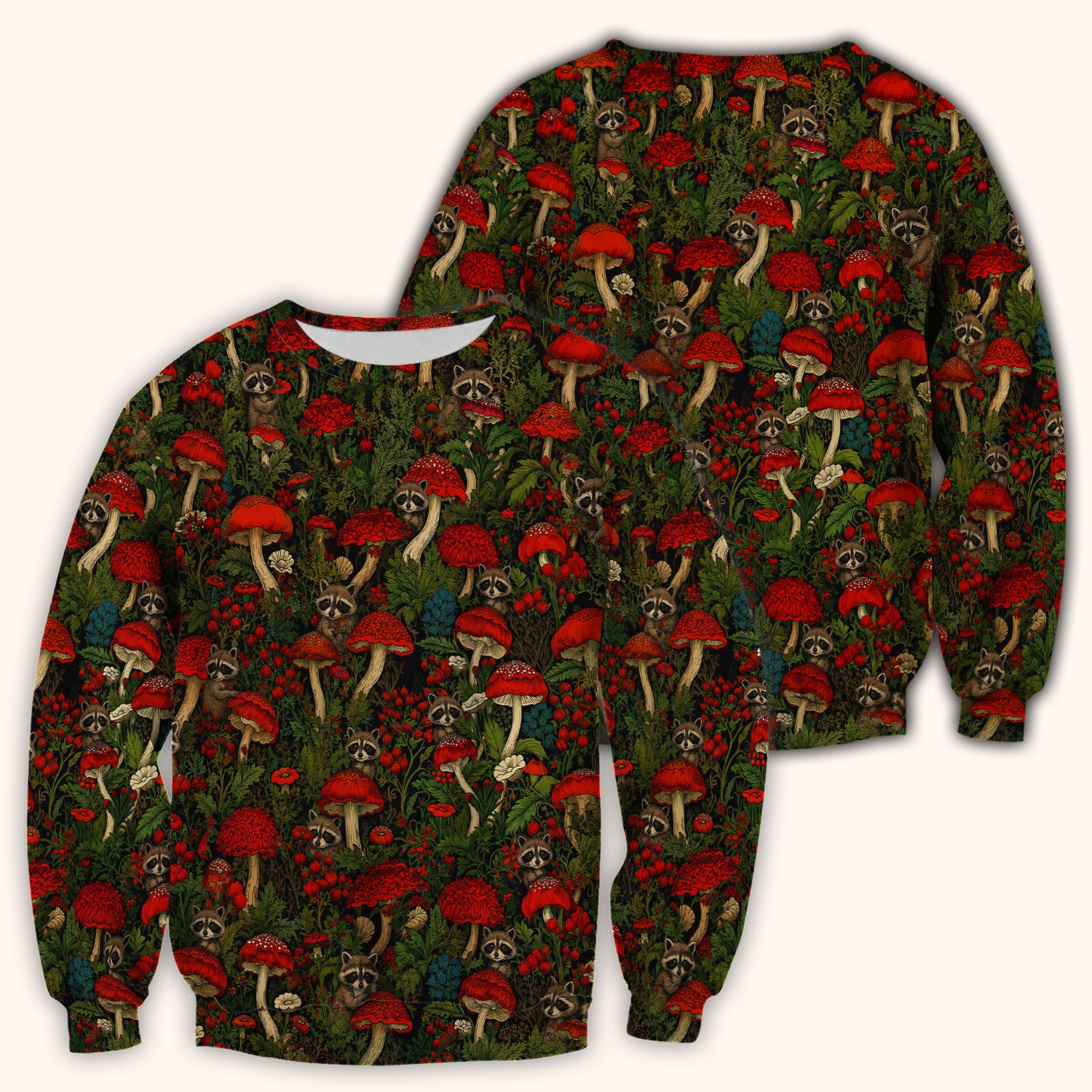 Woodland Raccoon Red Mushroom Pattern Scrub Top, Comfortable Scrubs for Nurses