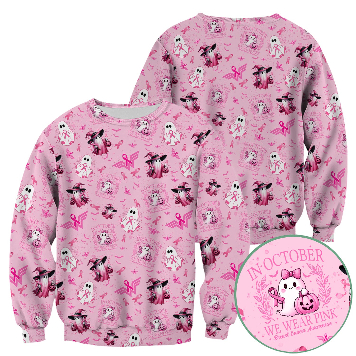 Halloween Breast Cancer Awareness Scrub Top - In October We Wear Pink Nurse Shirt - Cute Ghost Witch Pink Ribbon Medical Uniform