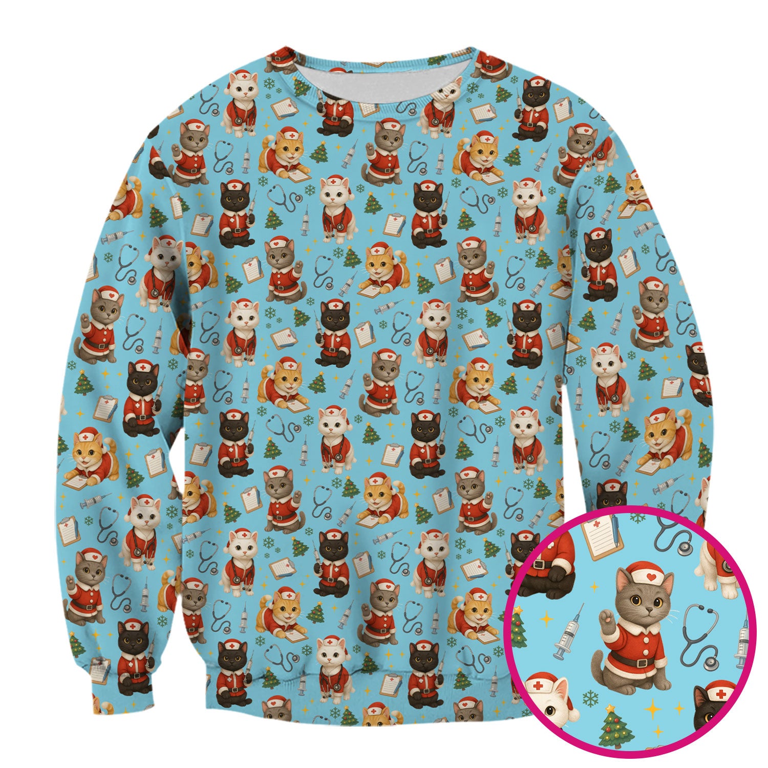 Christmas Nurse Scrub Top for Women - Cute Lucky Cat Pattern - Funny Holiday Nursing Shirt Gift for RN LPN CNA