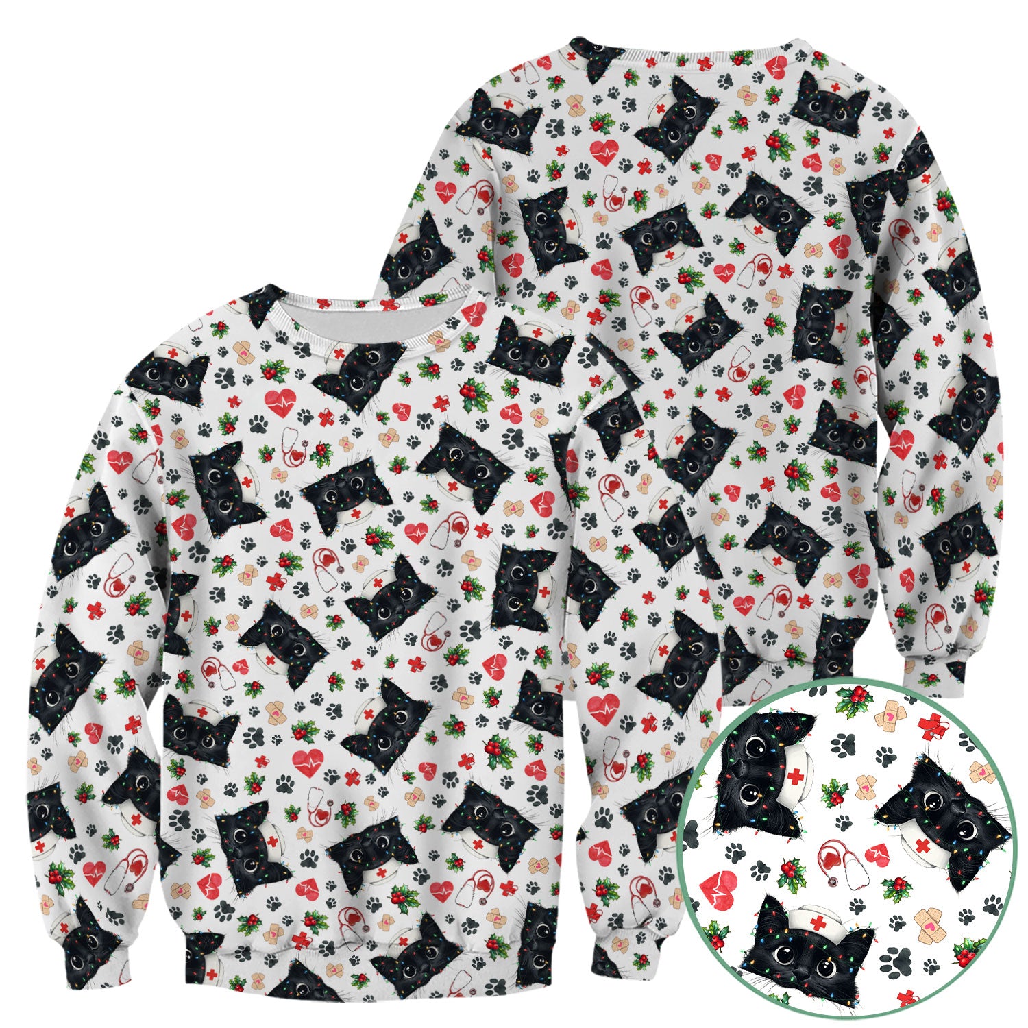 Funny Cats Scrub Top for Nurses - Black Kittens Christmas Medical Uniform - Jolly Holiday Gift for RN CNA LPN
