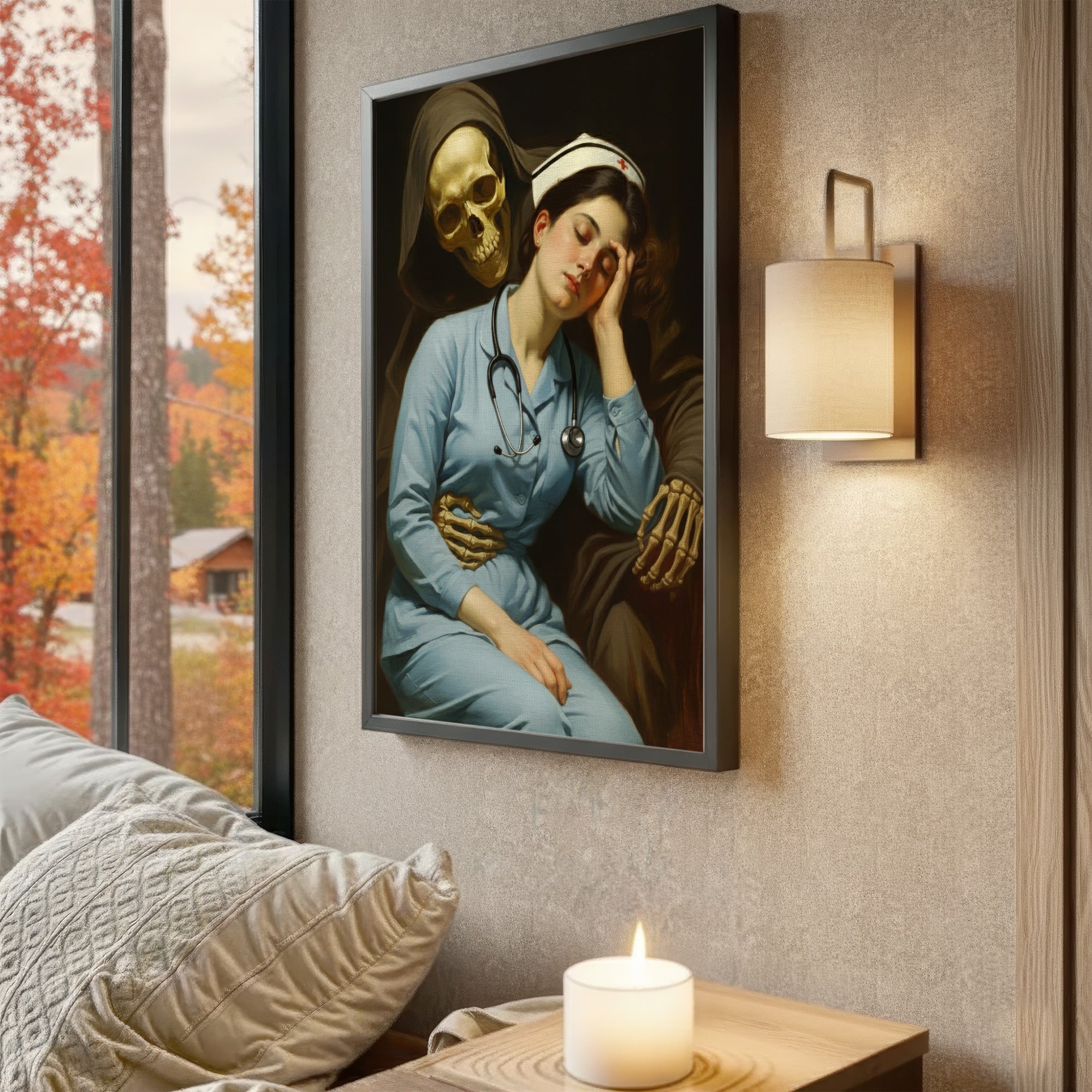 Funny Gothic Nurse and Grim Reaper Canvas, Dark Humor Classic Art Style Wall Decor, RN LPN CNA Gift
