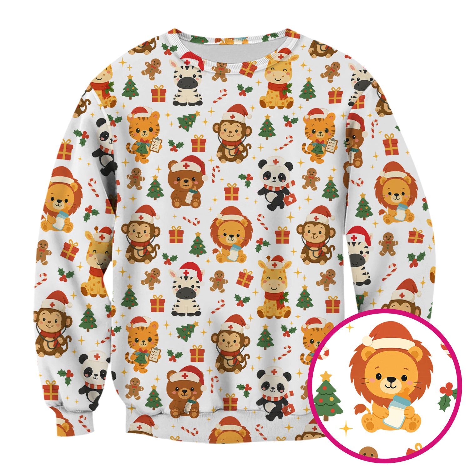 Funny Christmas Nurse Scrub Top - Adorable Safari Animal Pattern - Cute Festive Gift for Women RN LPN CNA