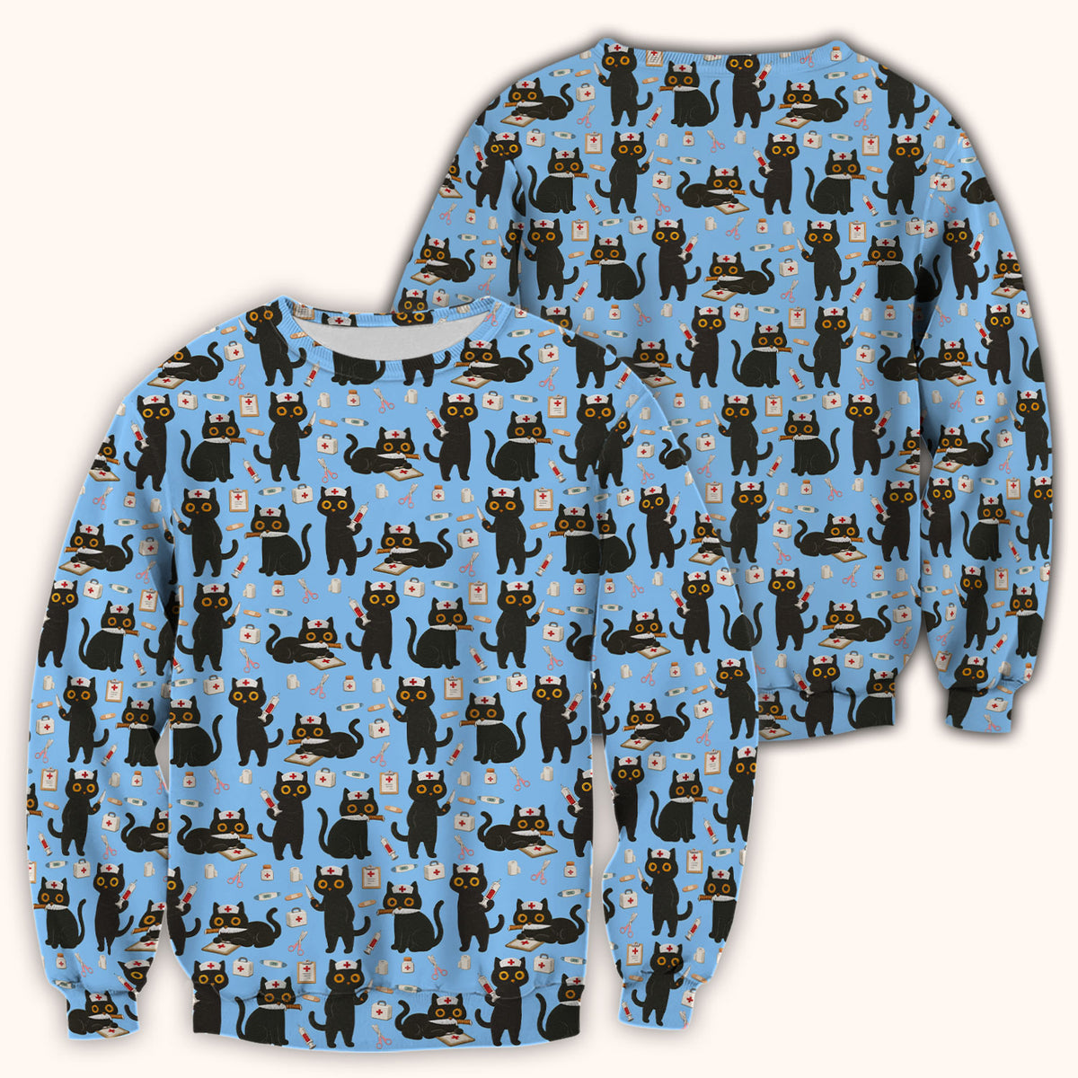 Cute Black Cat Nurse Pattern Scrub Top, Comfortable Scrubs for Nurses