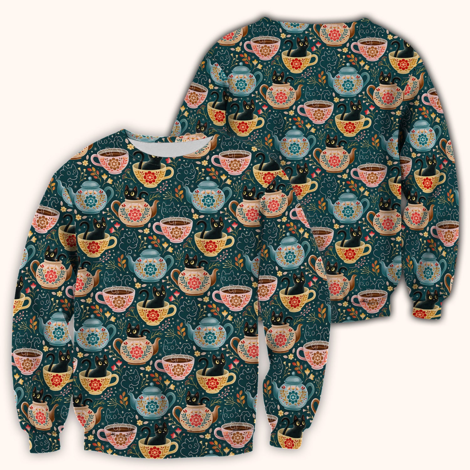 Black Cat Tea Party Veterinary Pattern Scrub Top, Comfortable Scrubs for Nurses
