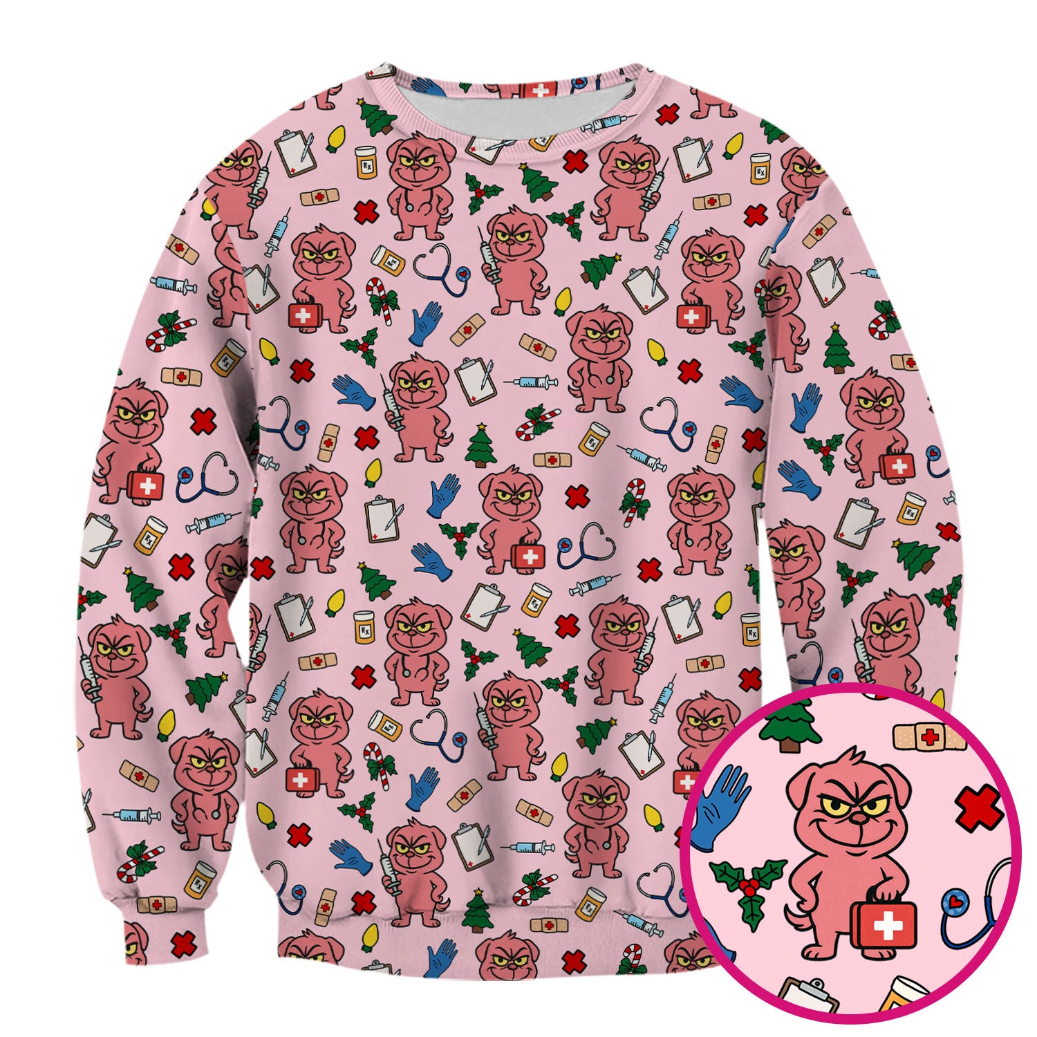 Funny Pink Dog Christmas Scrub Top - Holiday Nurse Scrubs for Women - Cute Medical Pattern with Tree, Lights and Stethoscope Print