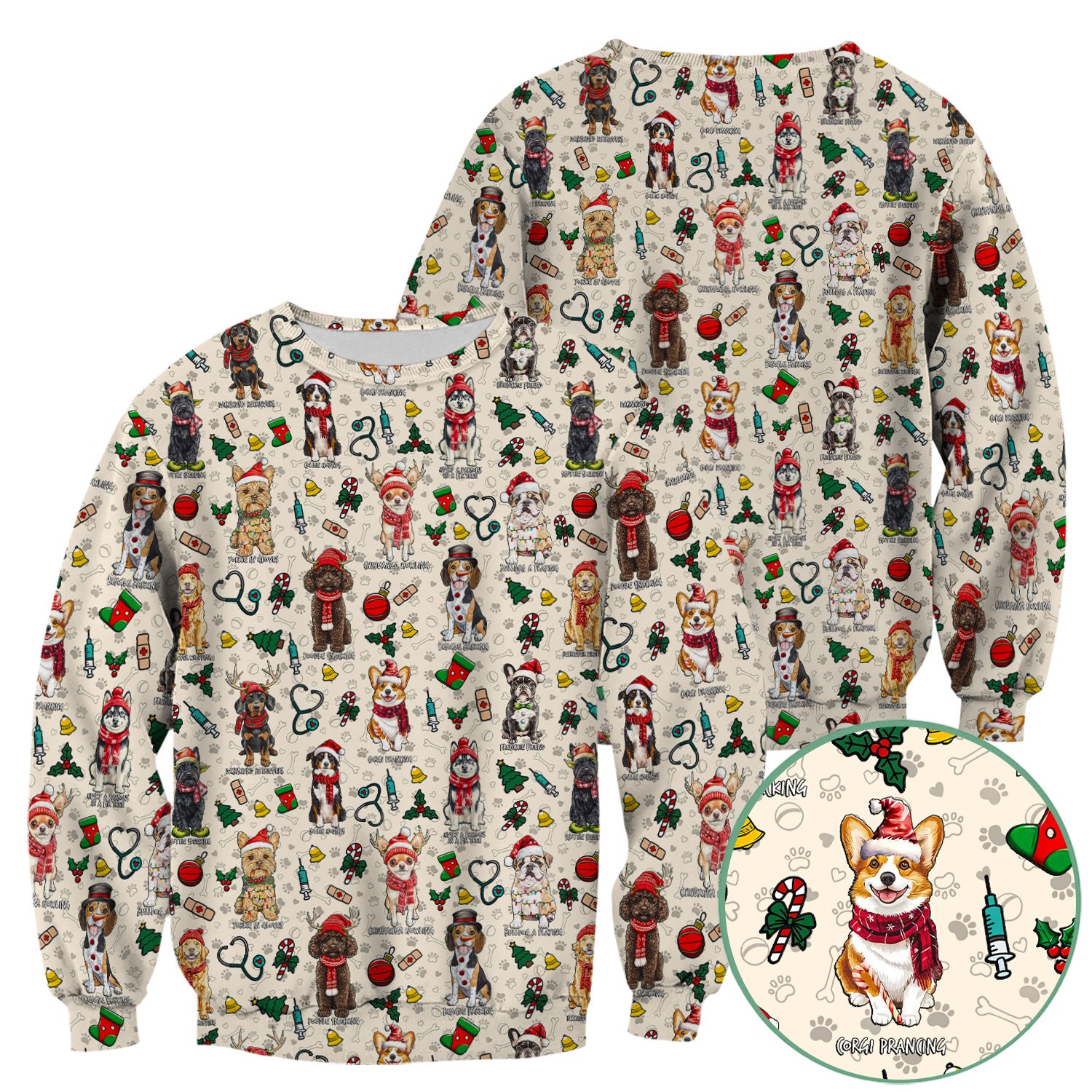 Christmas Dog Scrubs for Nurses – Dachshund, Husky, Poodle, Corgi & Labrador Holiday Scrub Top – Funny Santa Pattern Medical Shirt