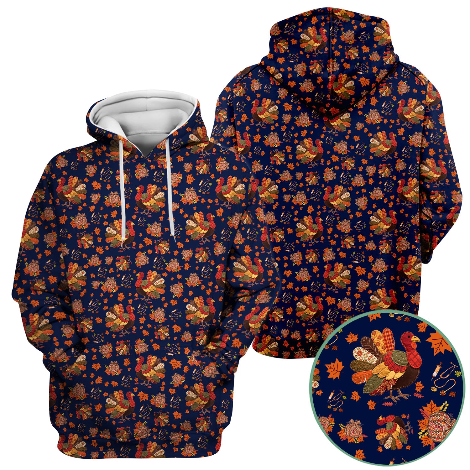Thanksgiving Turkey Nurse Scrub Top for Women - Fall Leaves Pattern Shirts - Autumn Nursing Uniform Gift for RN LPN CNA