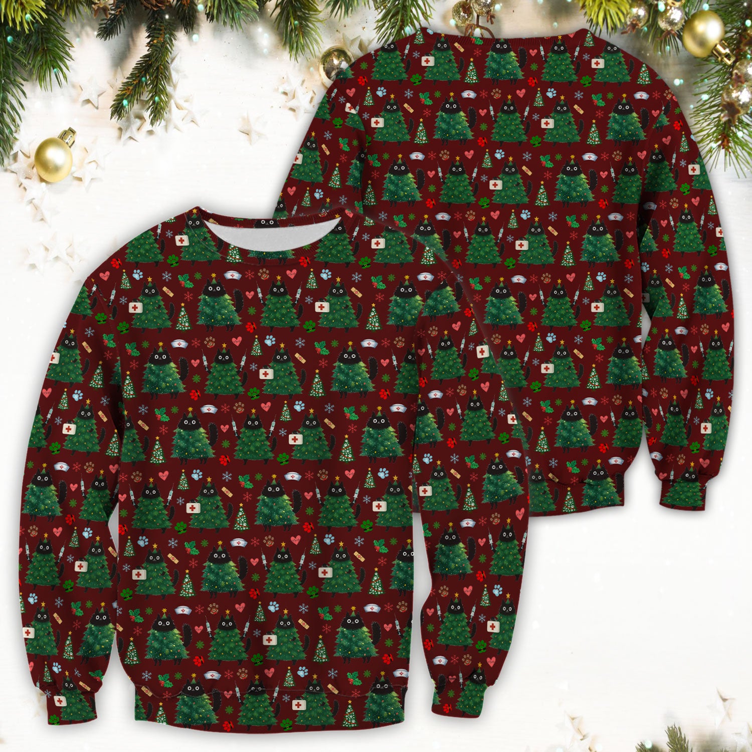 Christmas Nurse Scrub Top, Xmas Black Cat Pattern Nurse Shirt,  Breathable Fabrics Nursing Uniform