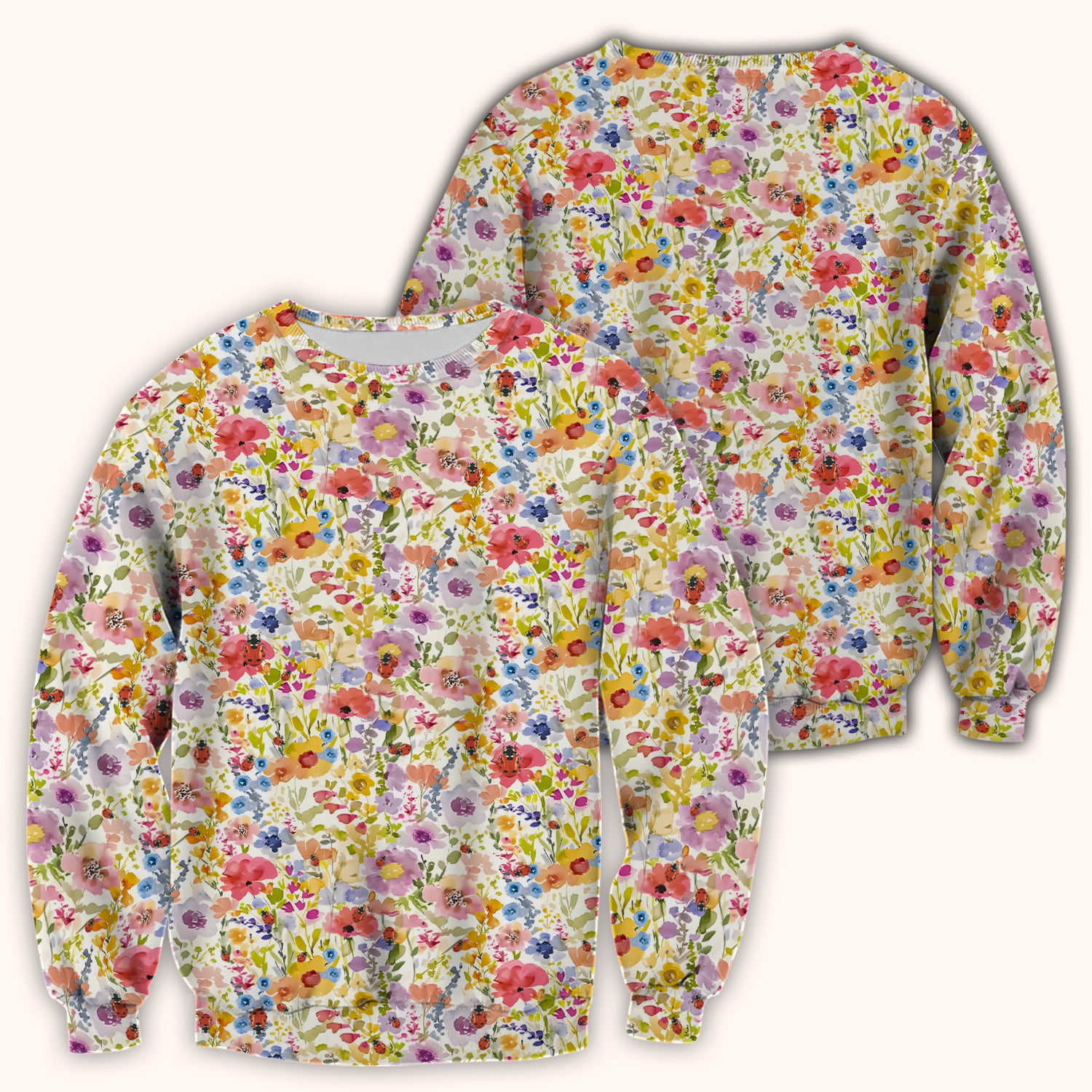 Cute Wildflower Ladybug Garden Pattern Scrub Top, Comfortable Scrubs for Nurses
