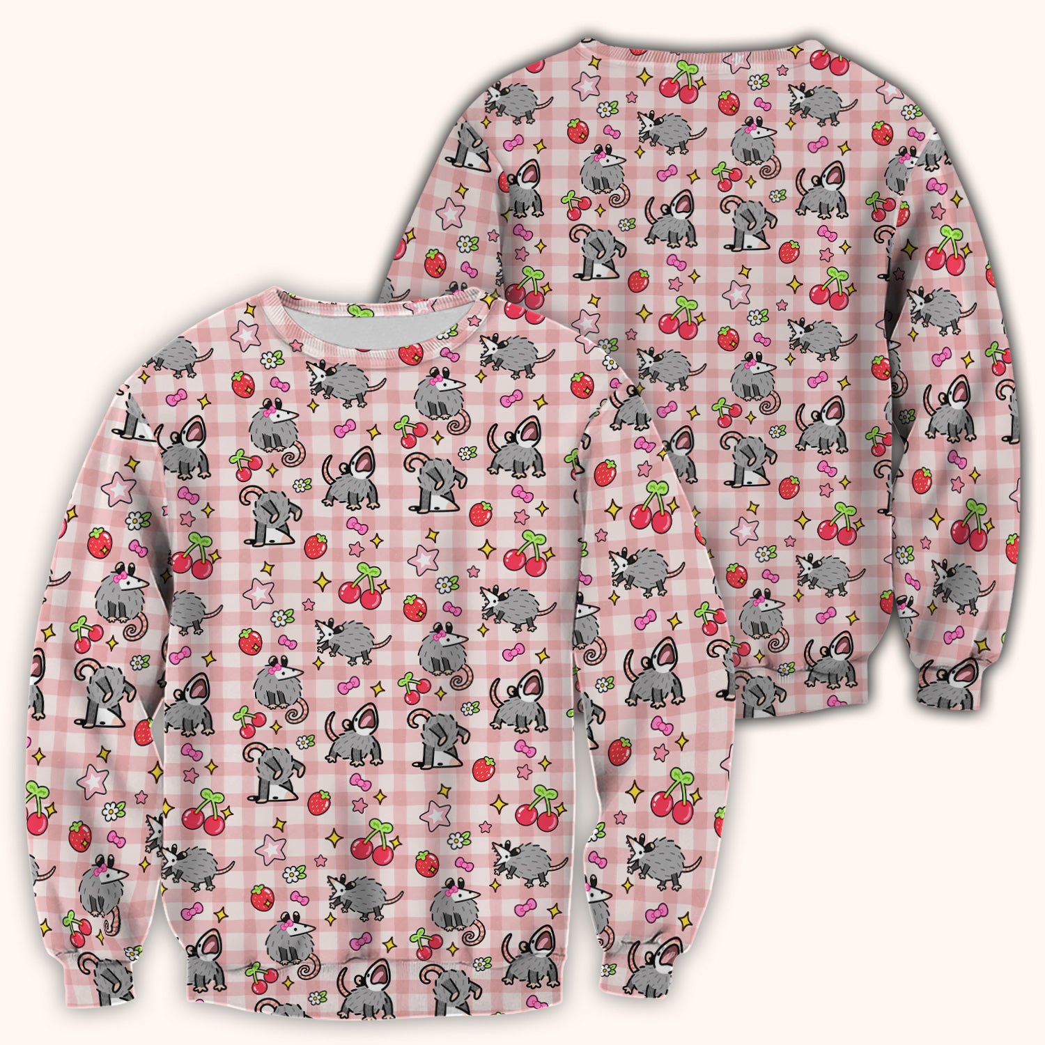 Cute Opossum And Cherries Gingham Pattern Scrub Top, Comfortable Scrubs for Nurses