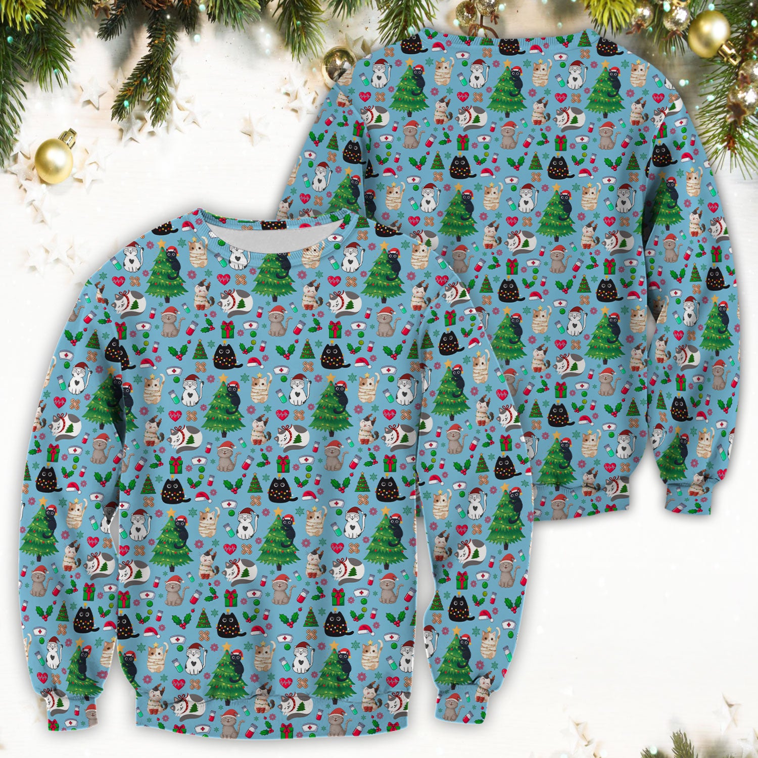 Christmas Cat Scrub Top, Xmas Pet Pattern Scrub Shirt, Breathable Fabrics Nursing Uniform