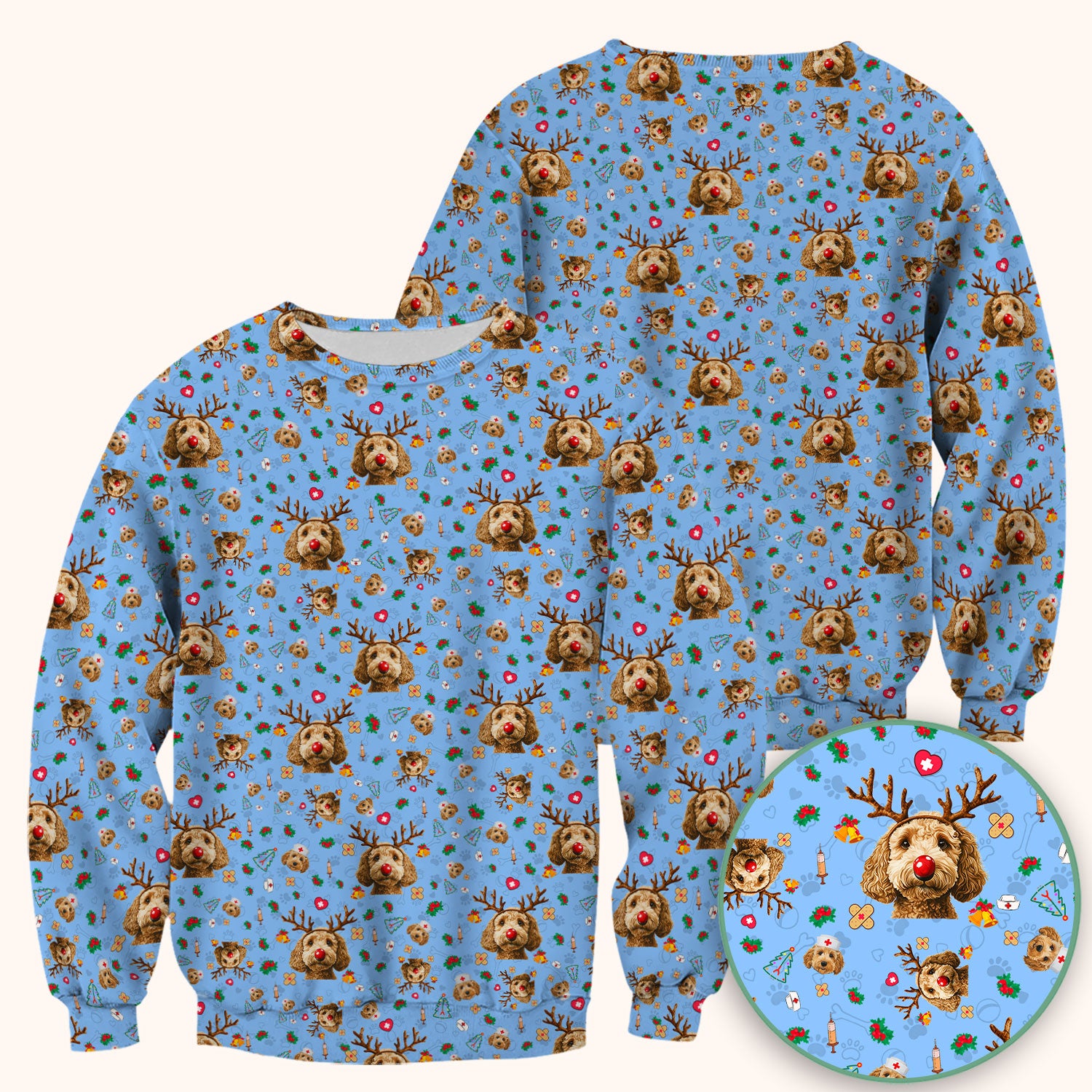Labradoodle Reindeer Christmas Scrub Top - Funny Dog Nurse Shirt - Cute Holiday Medical Uniform for Women RN LPN CNA Gift