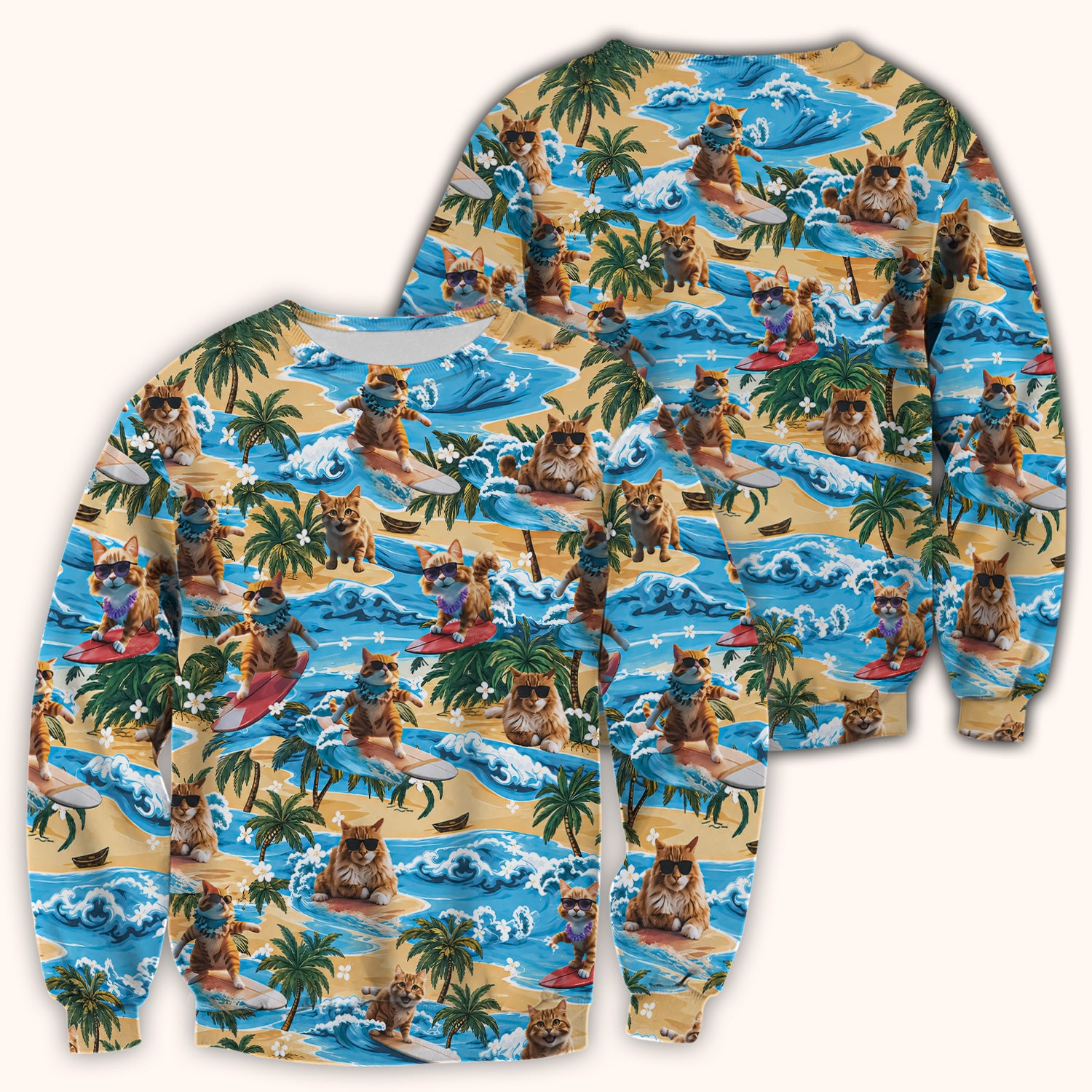 Tropical Surfing Cat with Beach Wave Island Print Scrub Top, Comfortable Scrubs for Nurses