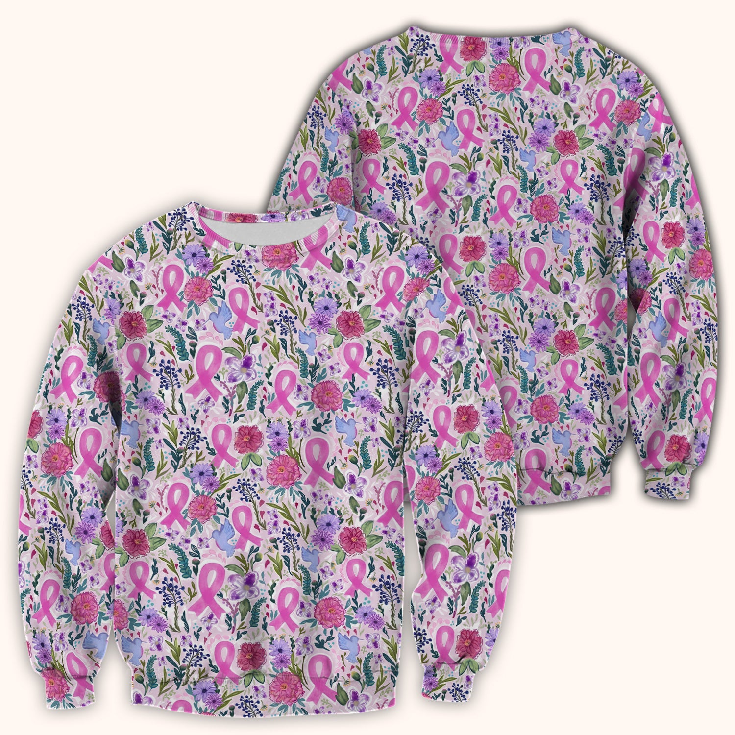 Floral Pink Ribbon Print Scrub Top, Comfortable Scrubs for Nurses