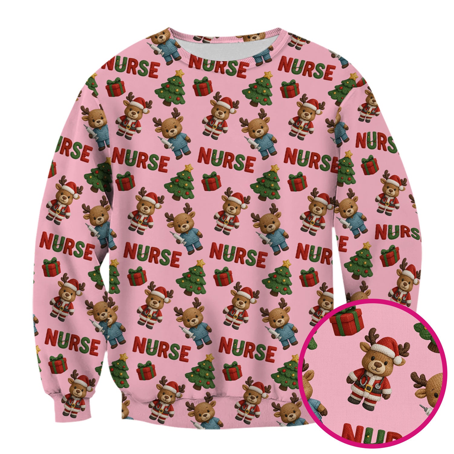 Reindeer Christmas Scrub Top, Cute Holiday Nurse Scrub Shirt, Festive Pattern Nursing Uniform