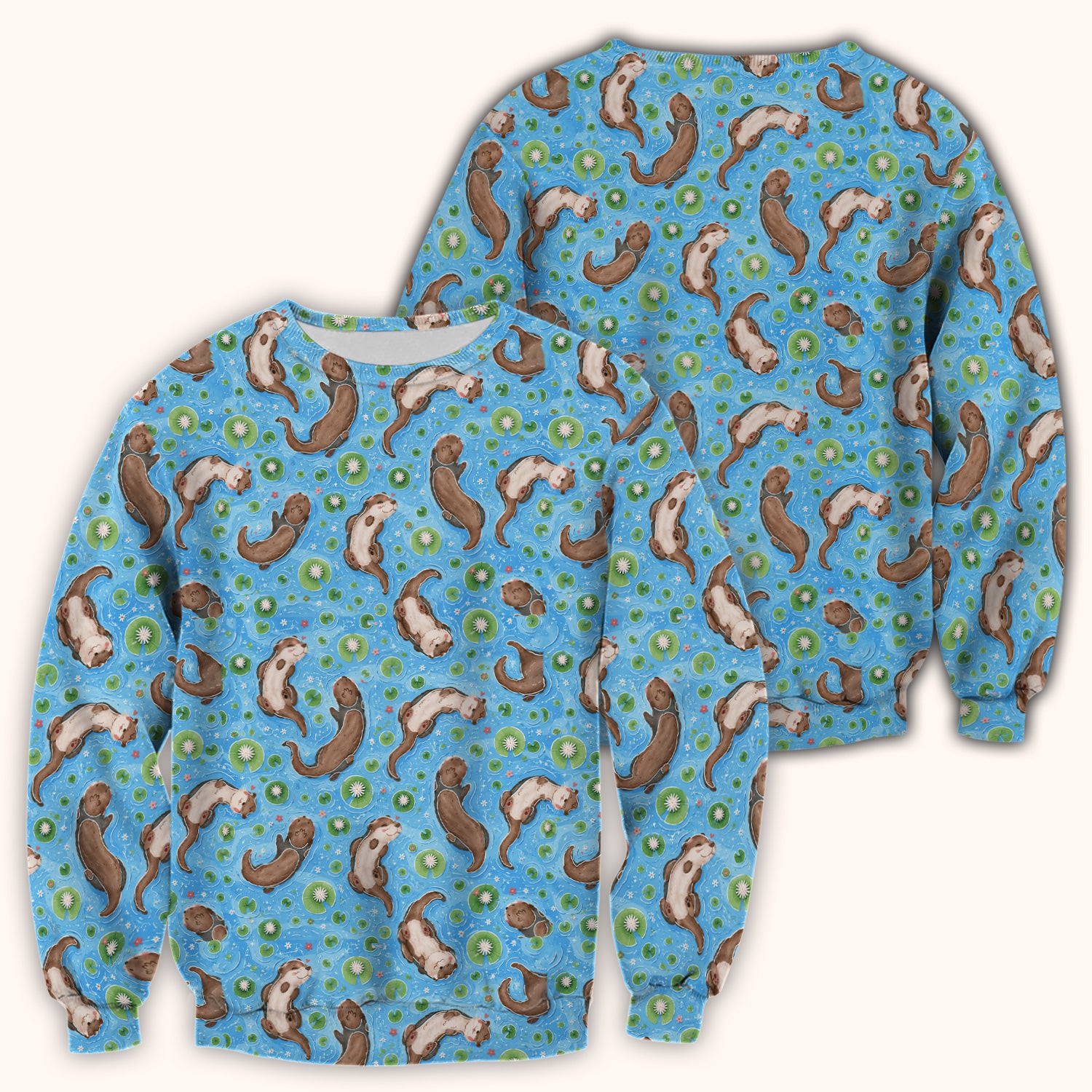 Cute Otter Lily Pond Nurse Print Scrub Top, Comfortable Scrubs for Nurses