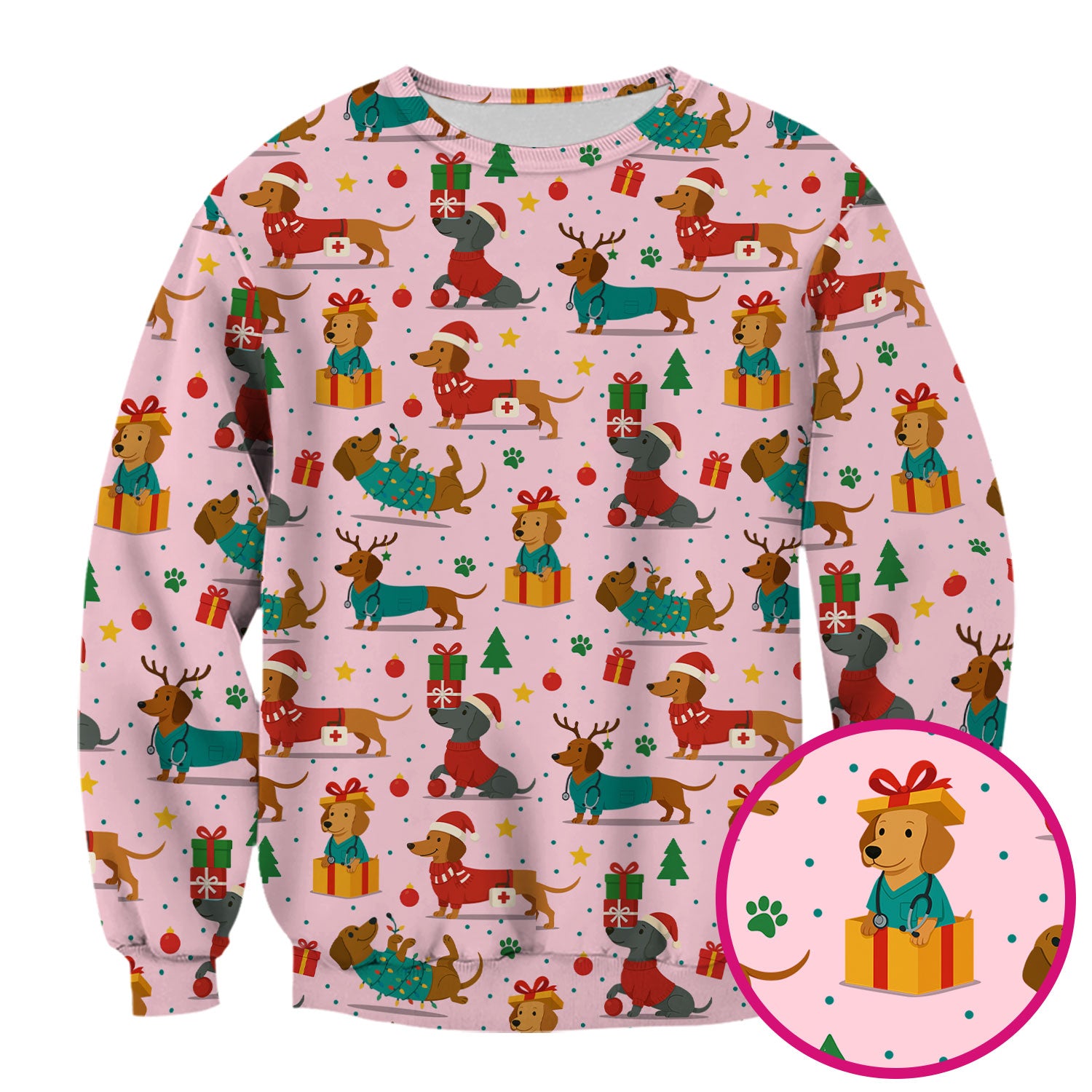 Christmas Dog Scrub Top for Women - Cute Dachshund Nurse Shirt - Holiday Medical Scrubs Gift for CNA RN Doctor