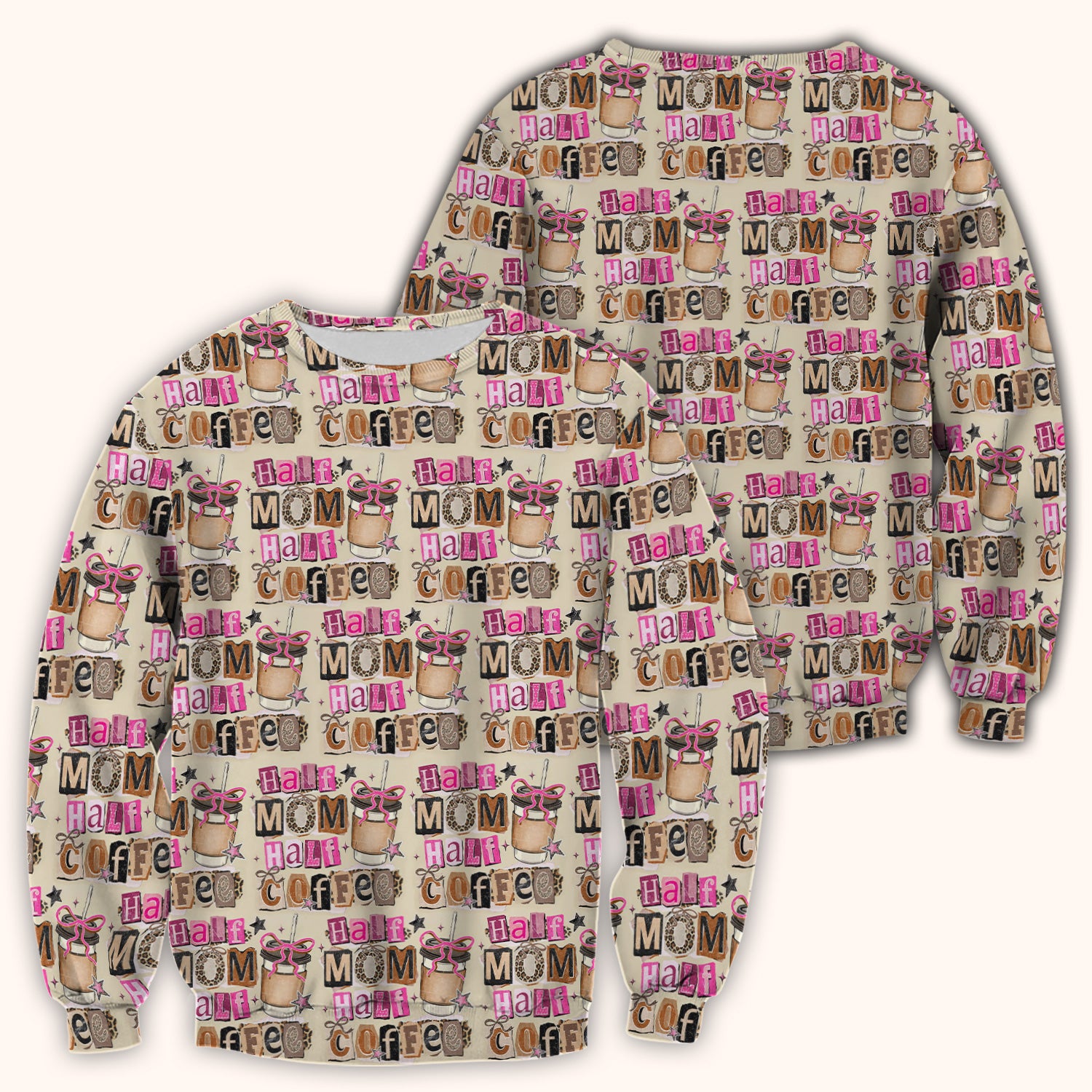 Half Mom Half Coffee Print Scrub Top, Caffeine Lover Nursing Uniform for Women