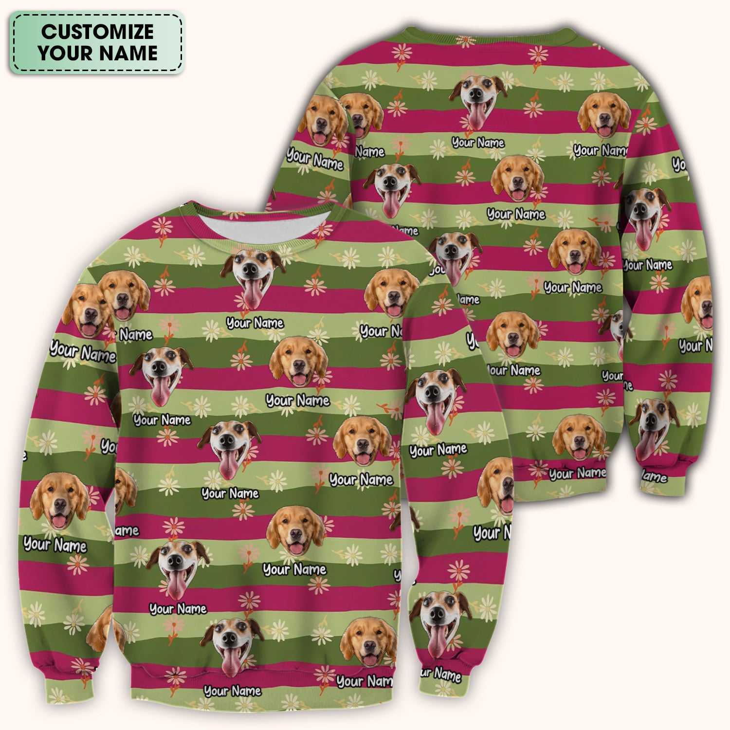 Personalized Floral Dog Portrait With Spring Stripes Pattern Scrub Top, Comfortable Scrubs for Nurses