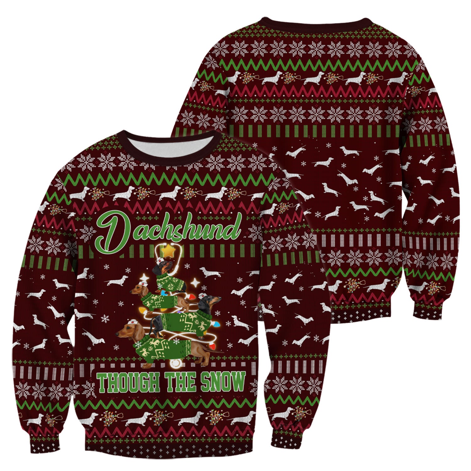 Dachshund Through The Snow Christmas Scrub Top - Funny Sausage Dog Xmas Tree Nurse Shirt - Cute Holiday Medical Uniform