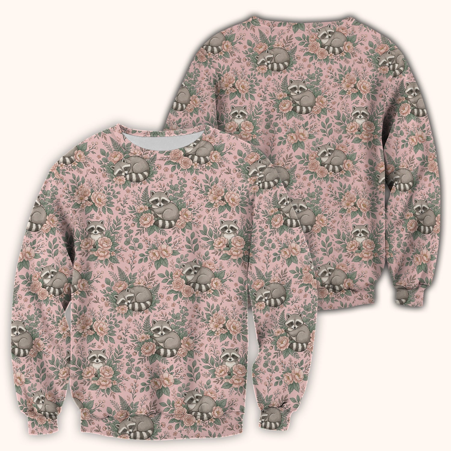Sleeping Raccoon Rose Garden Pattern Scrub Top, Breathable Fabrics Nursing Uniform