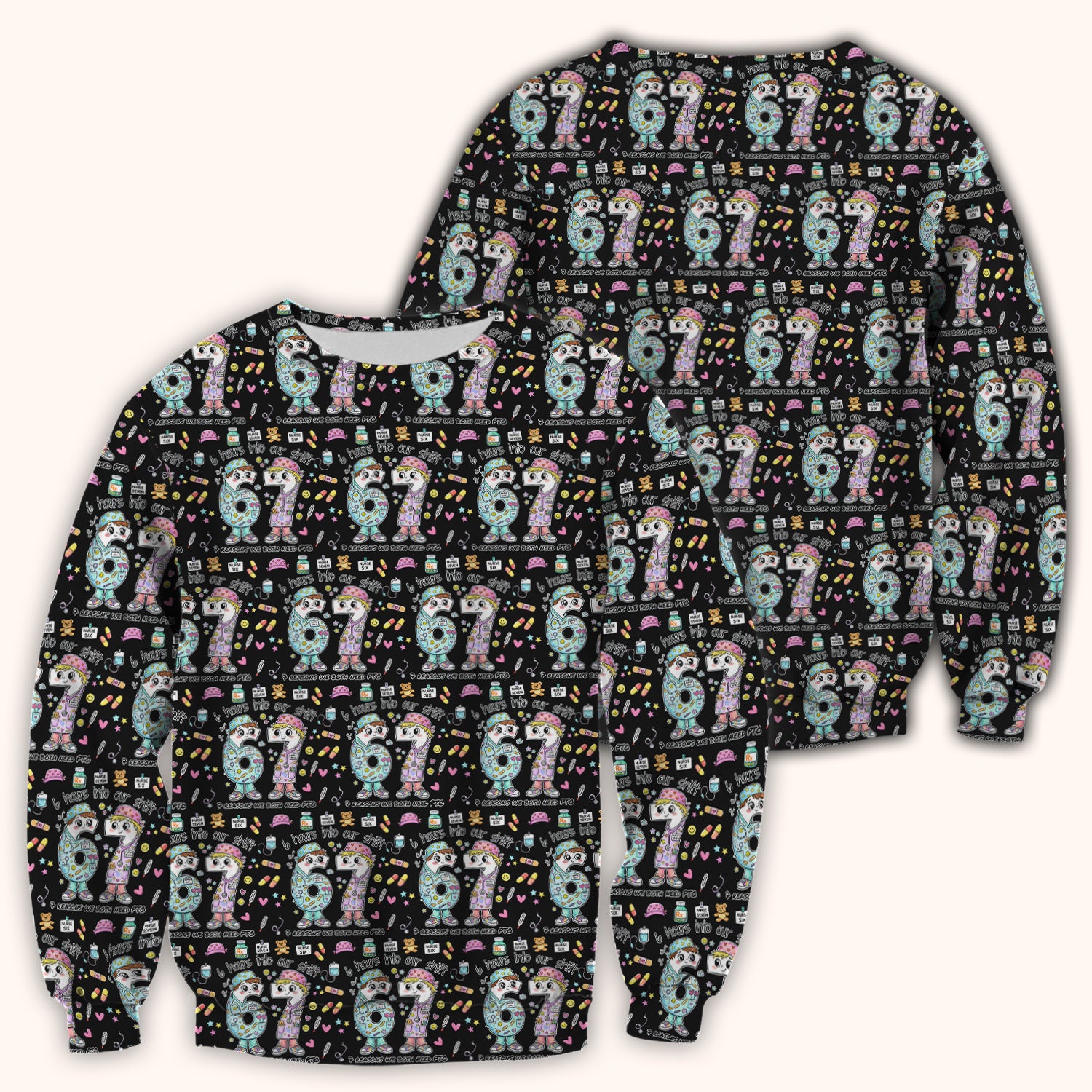 Cartoon Characters Six Hours Into Shift With Medical Doodle Scrub Top, Breathable Fabrics Nursing Uniform