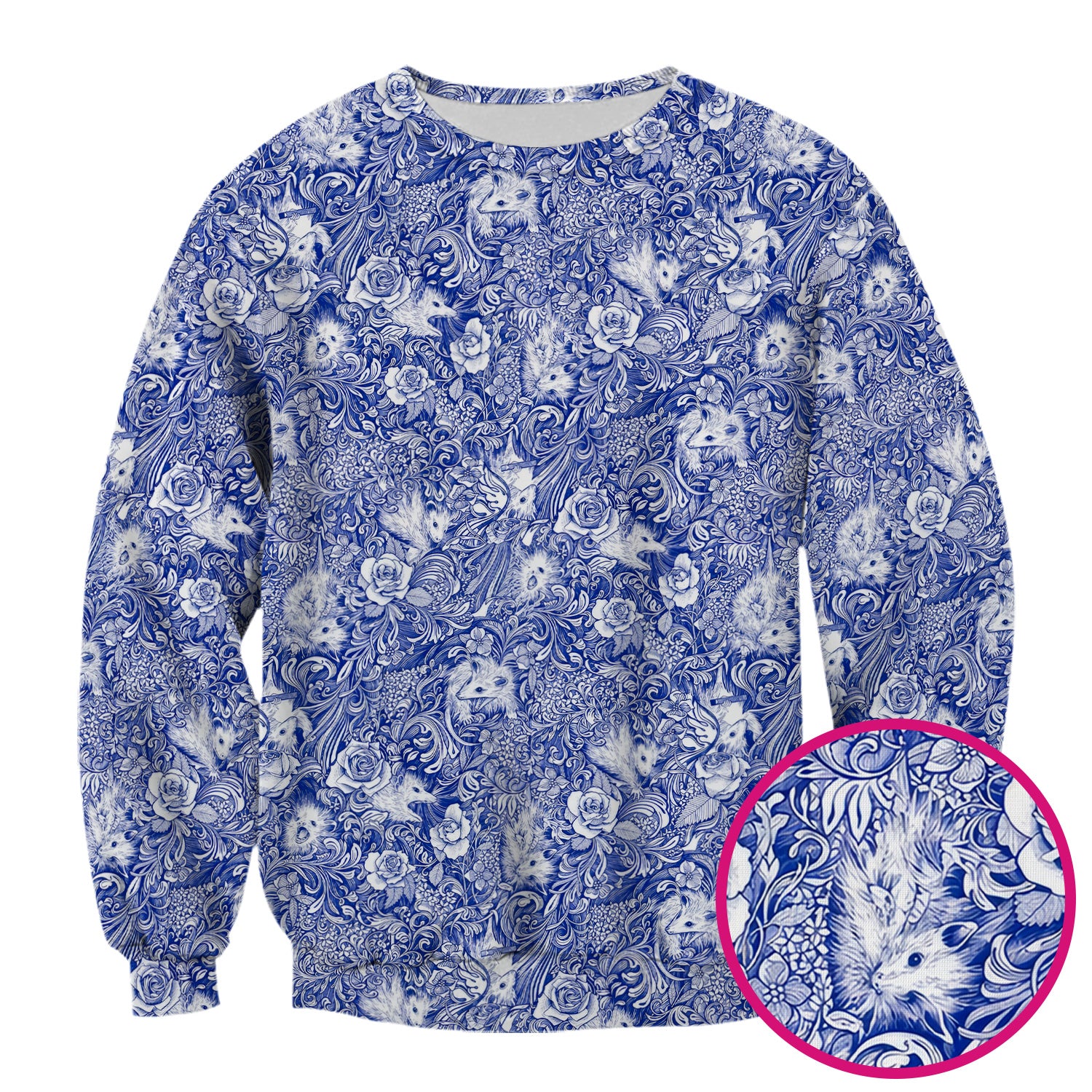 Blue Toile Opossum Floral Pattern Scrub Top, Comfortable Scrubs for Nurses