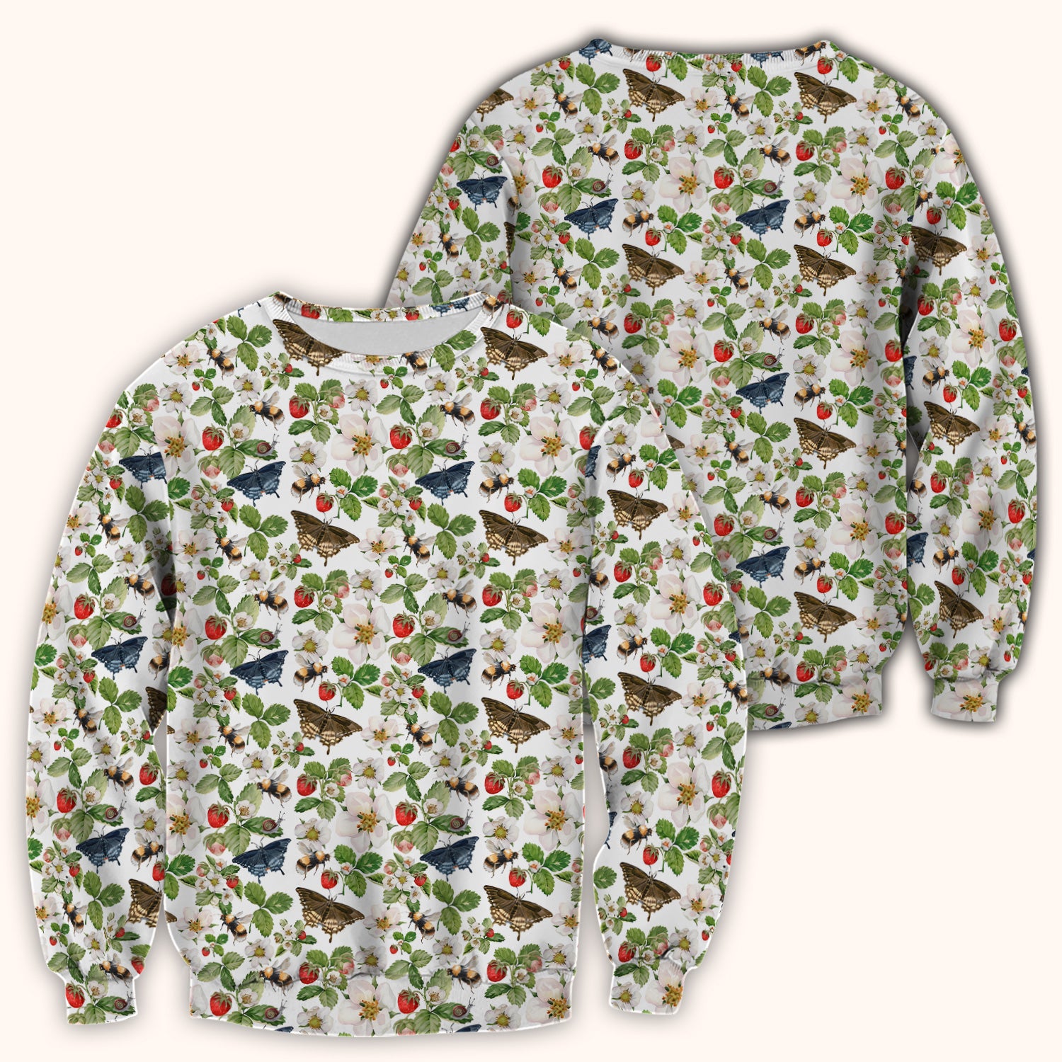 Charming Strawberry Butterfly Garden Pattern Scrub Top, Comfortable Scrubs for Nurses