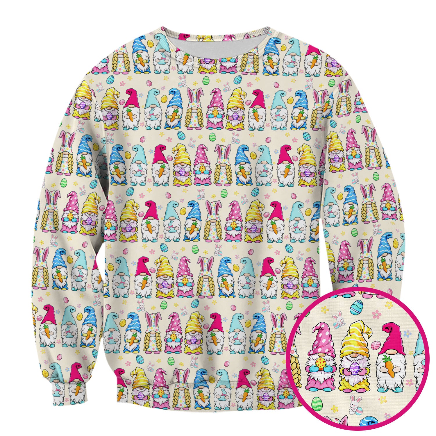 Colorful Easter Gnome Bunny Eggs Print Scrub Top, Comfortable Scrubs for Nurses