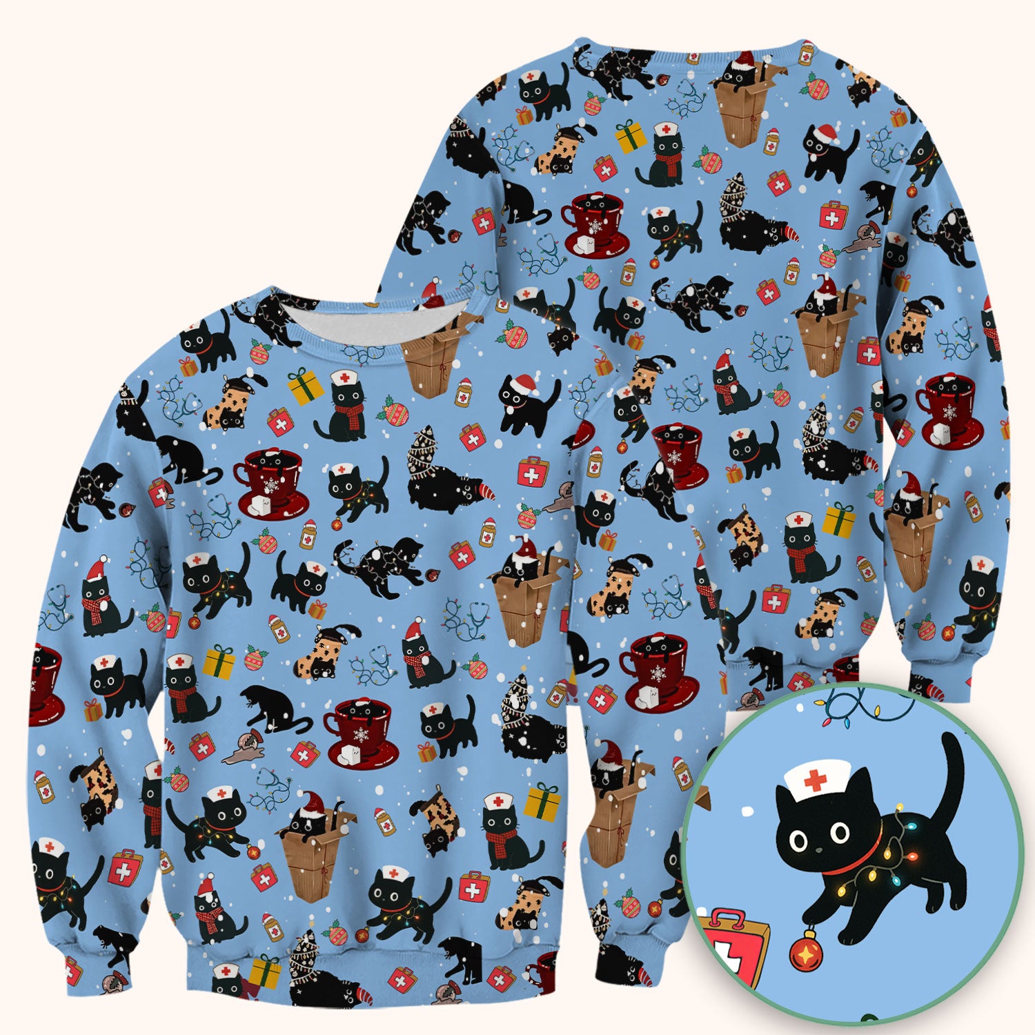 Christmas Cat Scrub Top for Nurse - Funny Black Cats Shirt - Cute Holiday Medical Uniform for Women