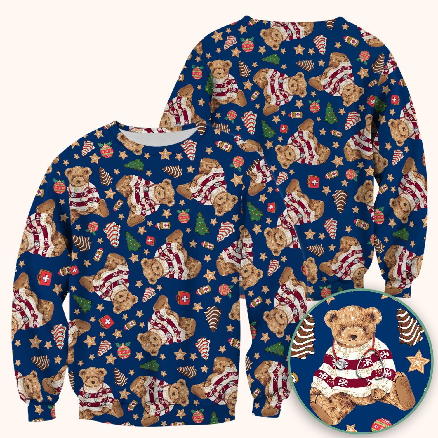 Teddy Bear Christmas Scrub Top - Cute Holiday Medical Pattern with Warm Sweater Bear - Gift for Nurses RN CNA LPN