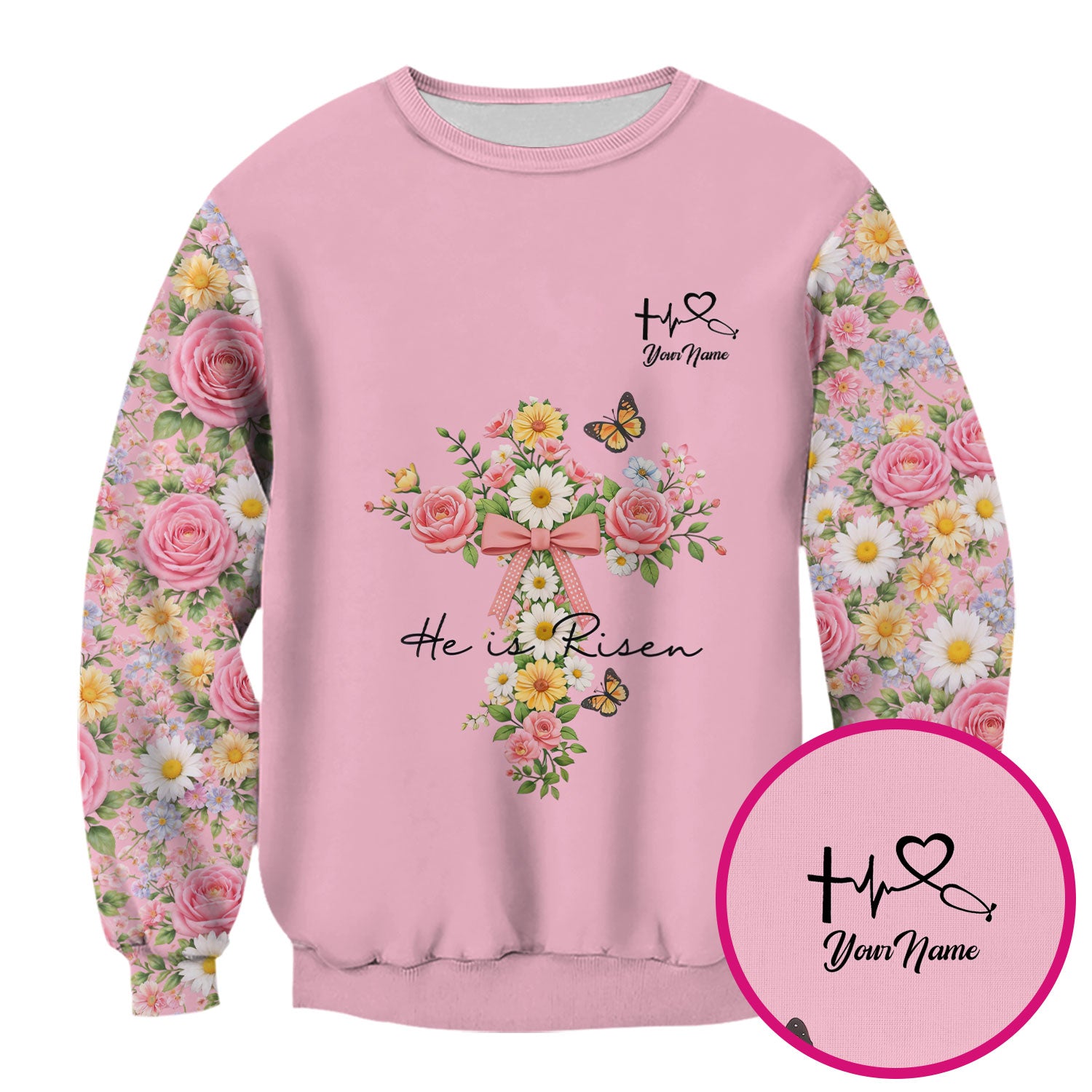 Personalized Meaningful Easter Nurse He Is Risen Floral Cross Bow Pattern Scrub Top, Comfortable Scrubs for Nurses