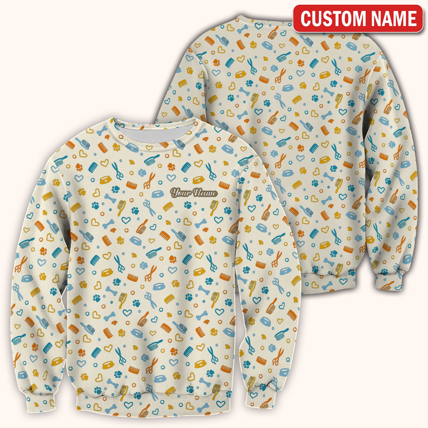 Custom Name Dog Cat Grooming Pattern Scrub Top, Breathable Fabrics Nursing Uniform