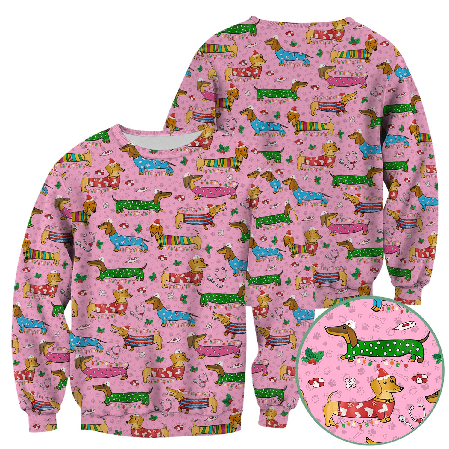 Christmas Dachshund Nurse Scrub Top - Cute Wiener Dog in Holiday Outfit - Funny Medical Shirt Gift for Women RN LPN CNA
