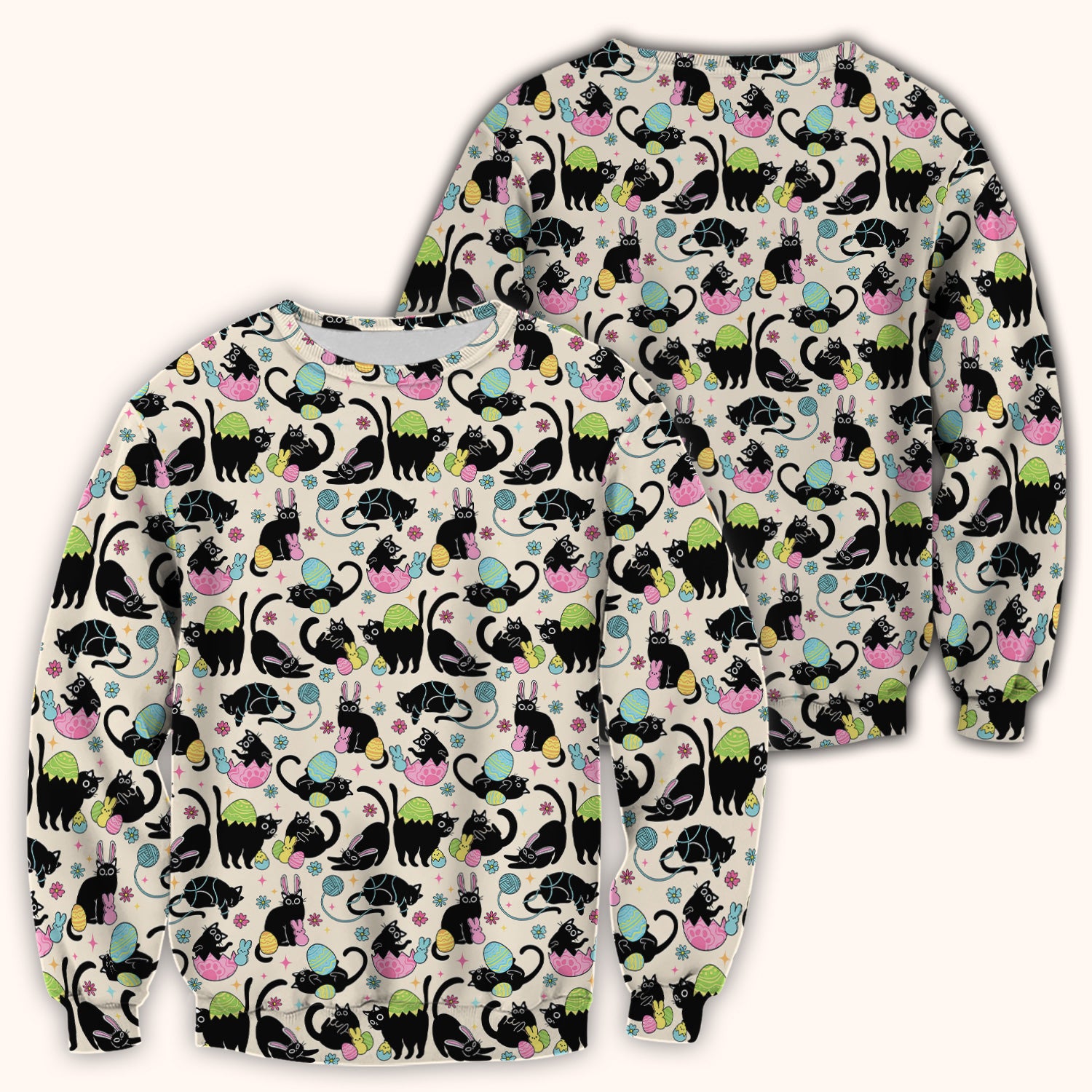 Funny Easter Black Cat Egg Pattern Scrub Top, Breathable Fabrics Nursing Uniform