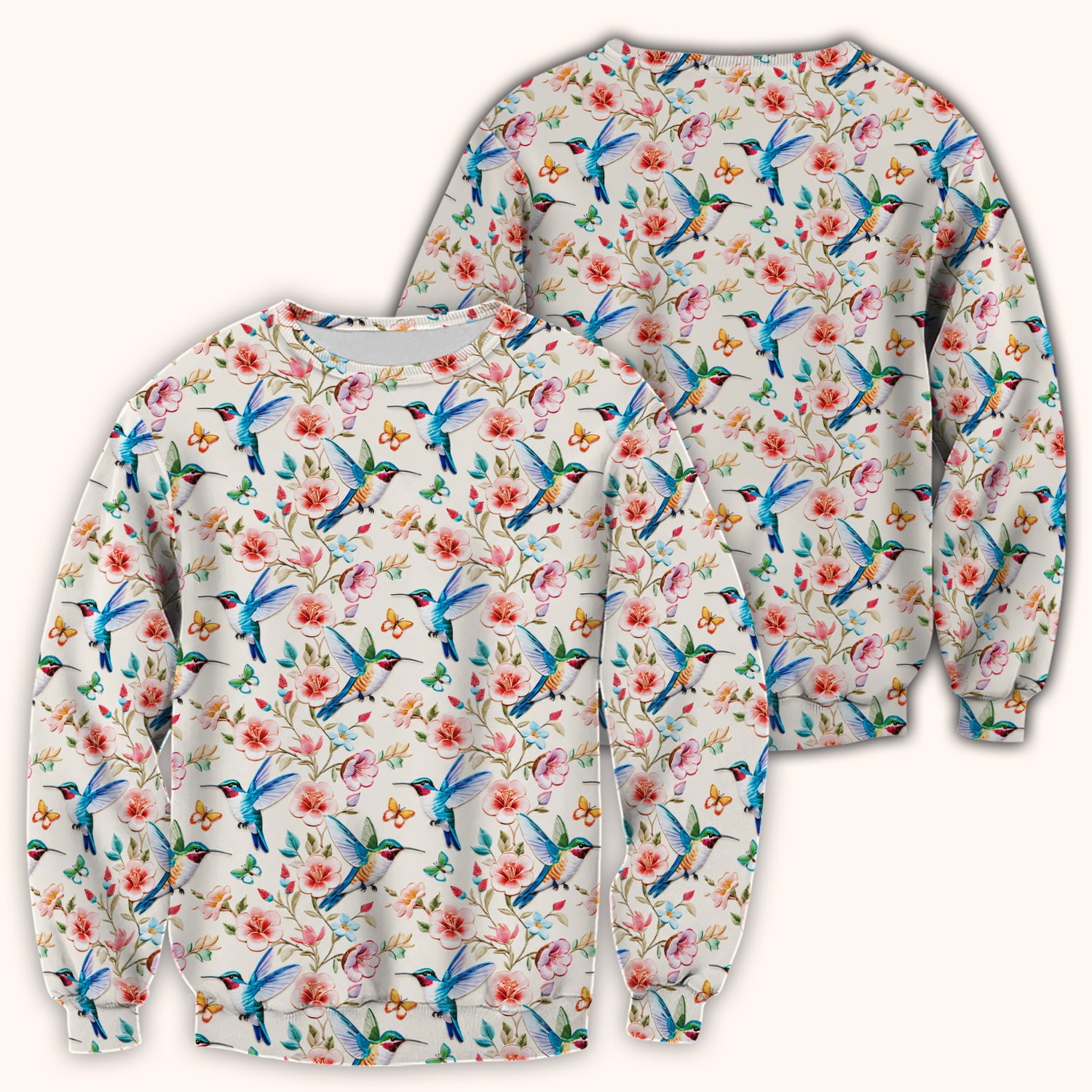 Hummingbird Blossom Butterfly Pattern Scrub Top, Comfortable Scrubs for Nurses