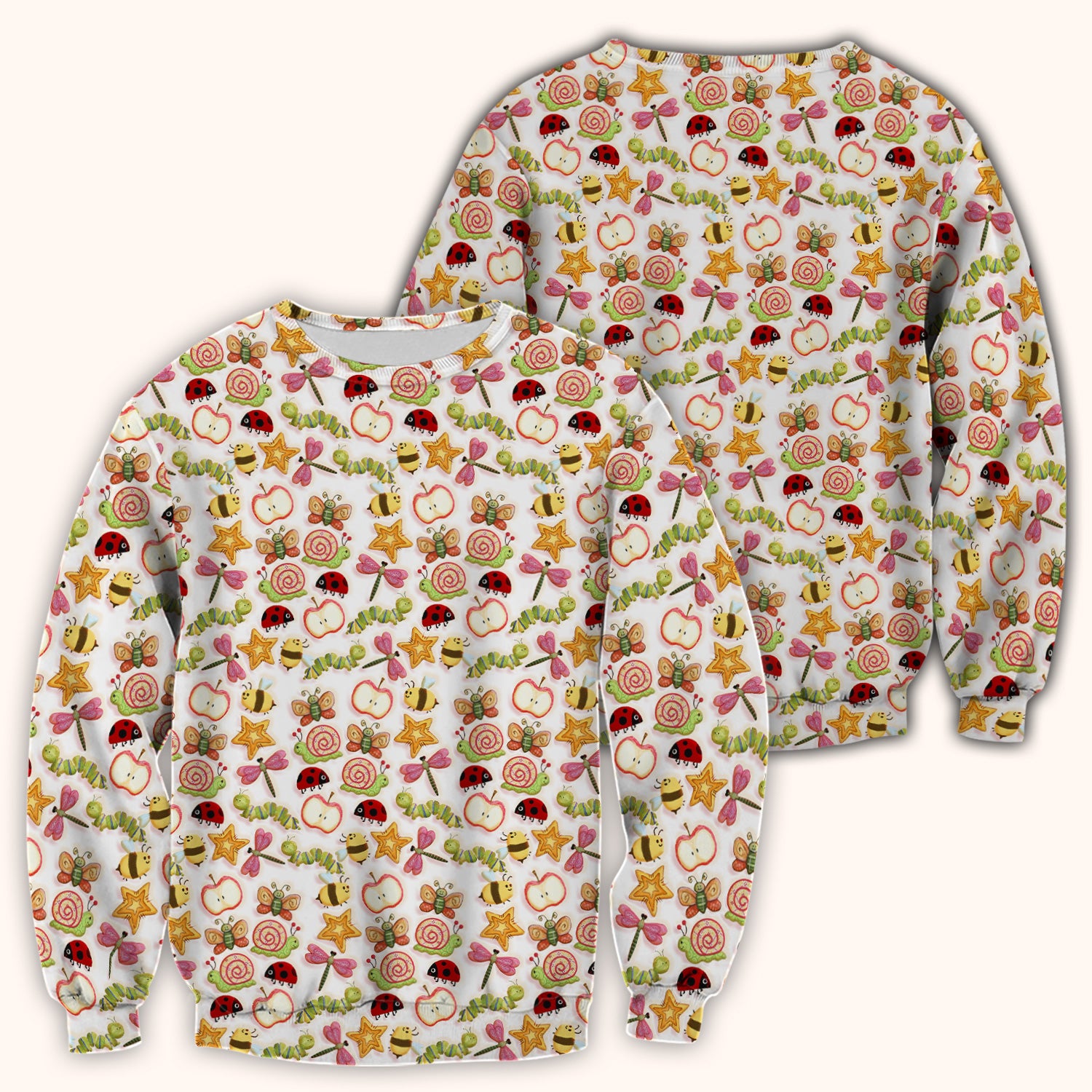Cute Nurse Snail Ladybug Caterpillar Apple Garden Pattern Scrub Top, Breathable Fabrics Nursing Uniform