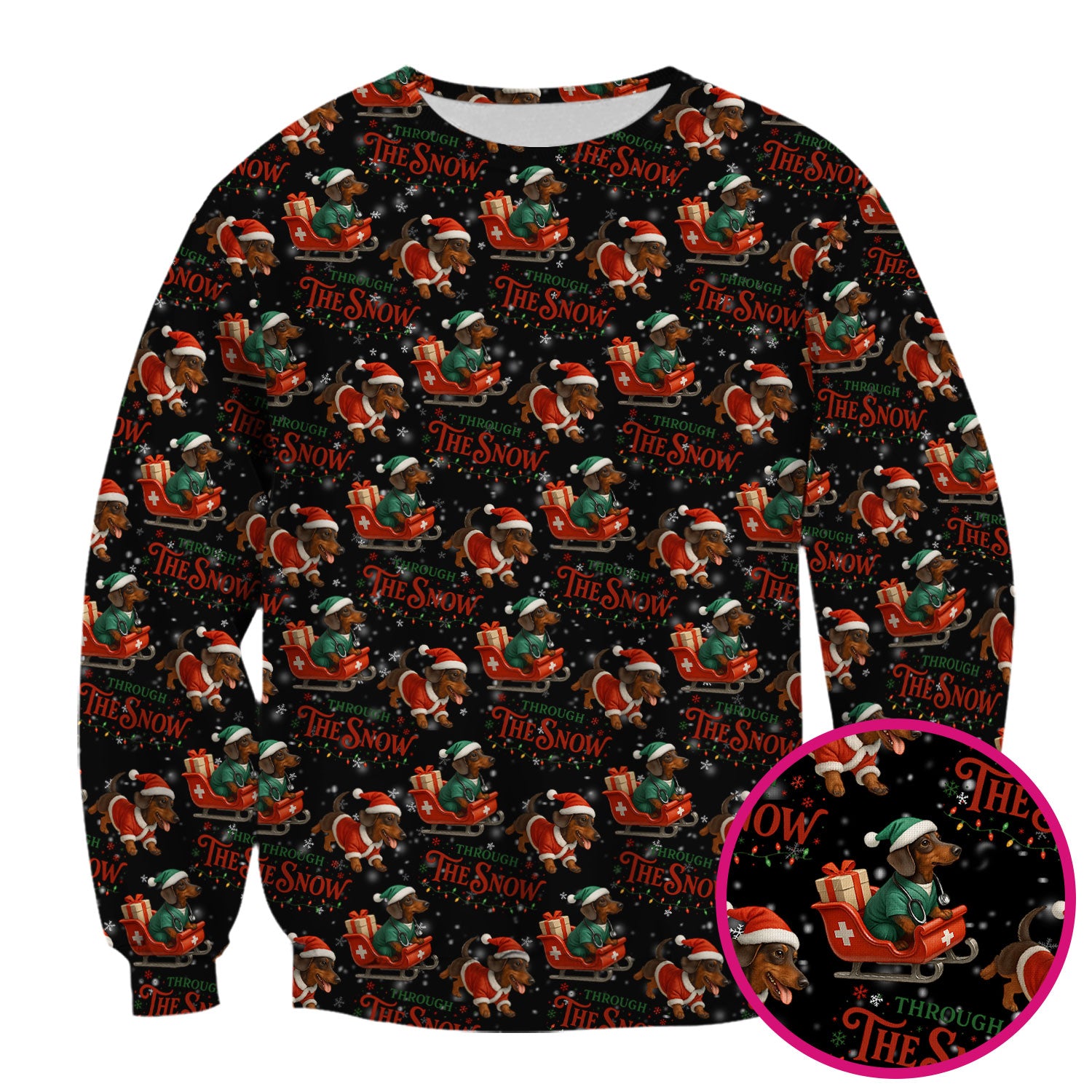 Dachshund Christmas Scrub Top, Cute Dog Nurse Scrub Shirt, Through The Snow Pattern Nursing Uniform