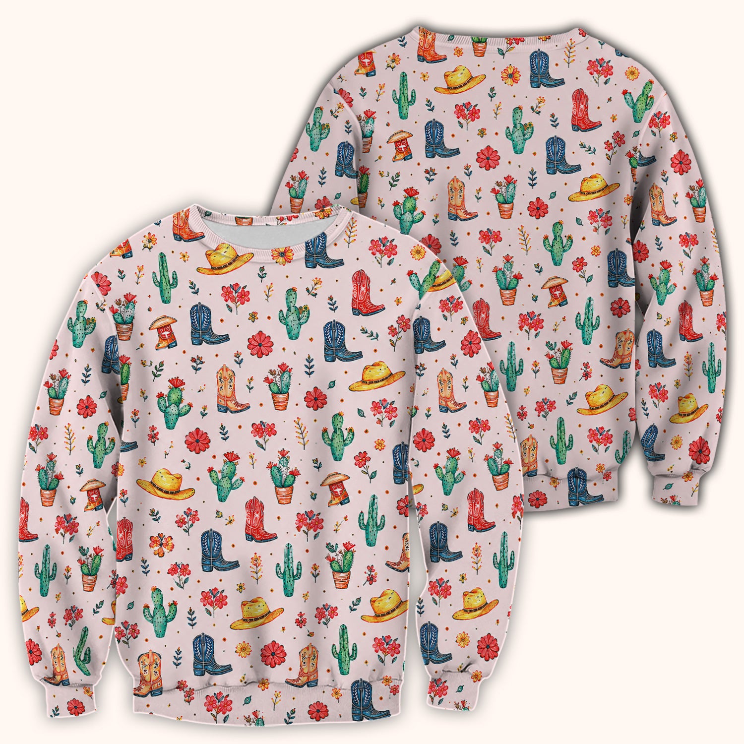 Whimsical Western Cactus Boots Pattern Scrub Top, Breathable Fabrics Nursing Uniform