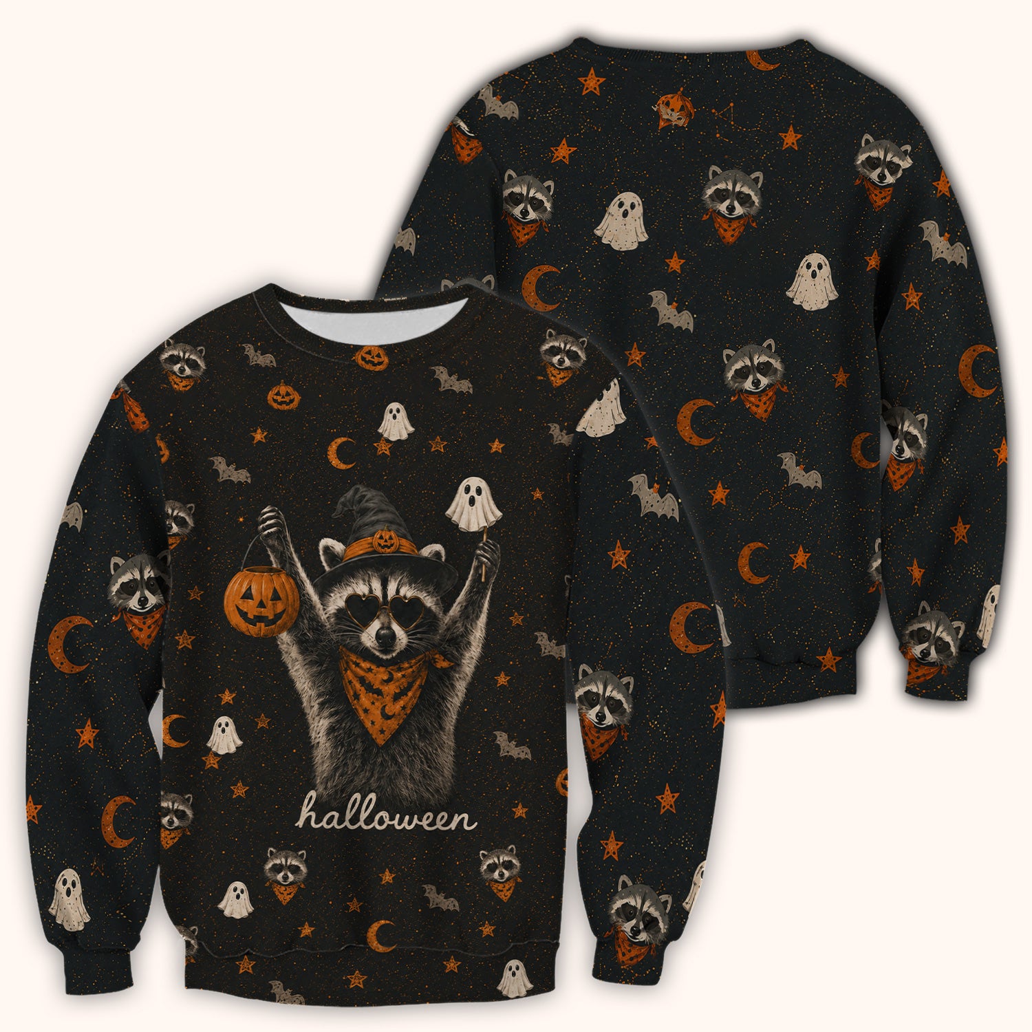 Ghost Pumpkin Raccoon Pattern Scrub Top, Comfortable Scrubs for Nurses