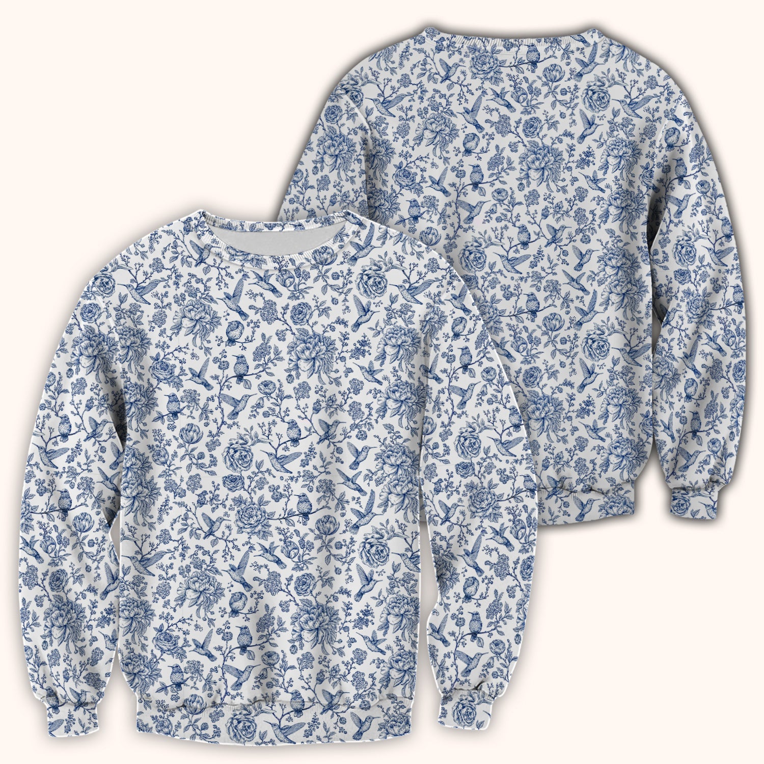 Blue Toile Hummingbird Floral Pattern Scrub Top, Comfortable Scrubs for Nurses