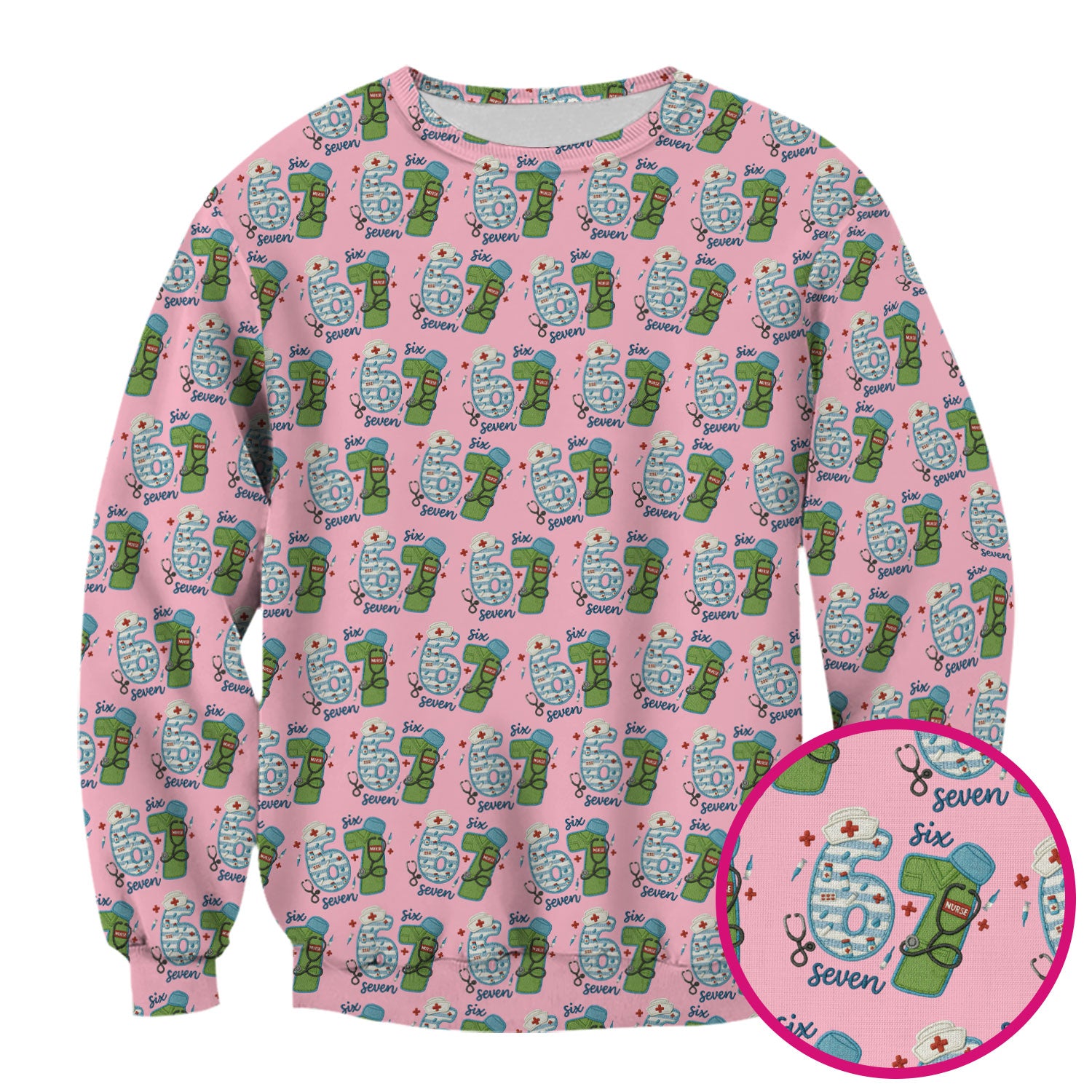 Nurse Six Seven Pattern Scrub Top, Cute Medical Number Print Shirt for Nursing Professionals