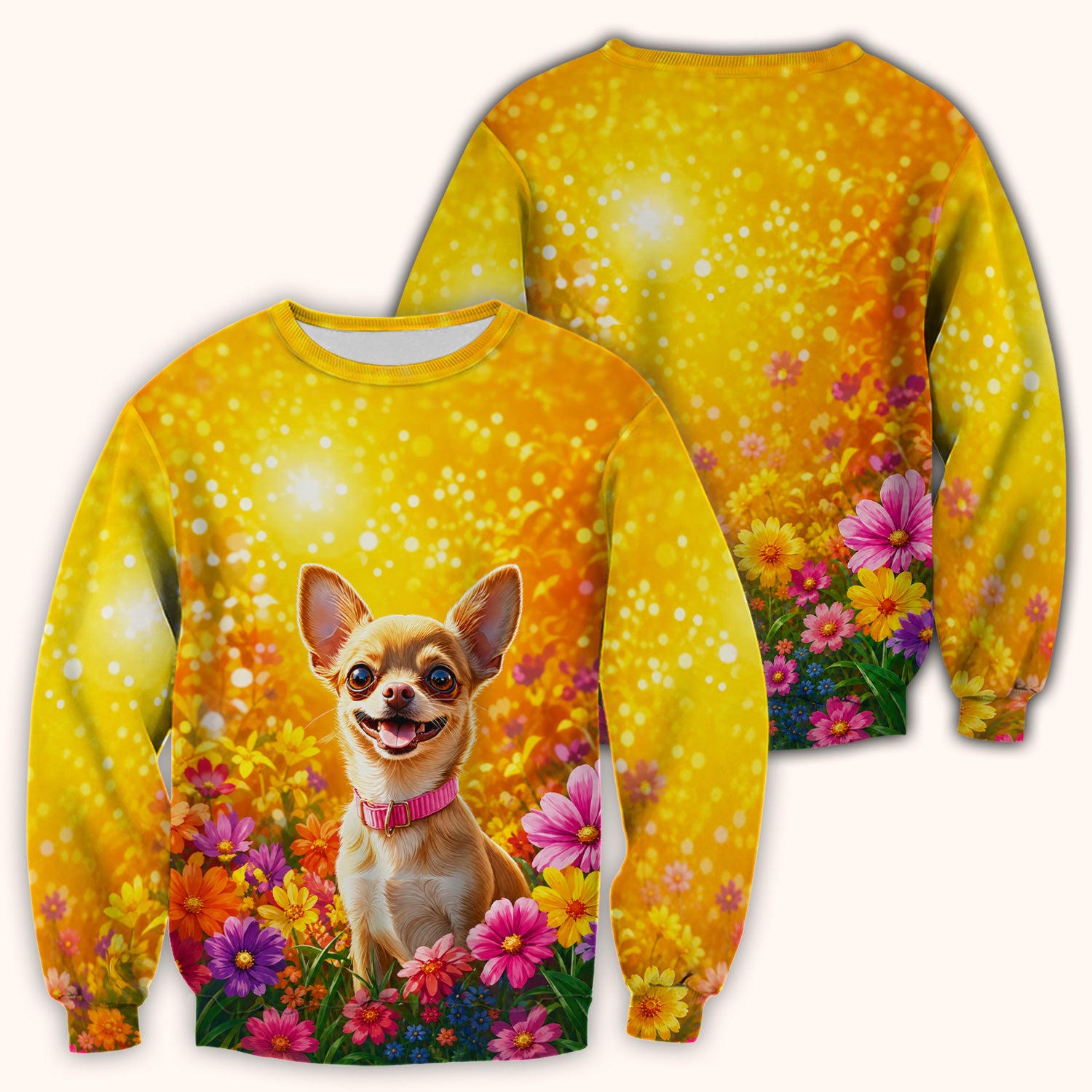 Cute Chihuahua Flower Meadow Pattern Scrub Top, Comfortable Scrubs for Nurses